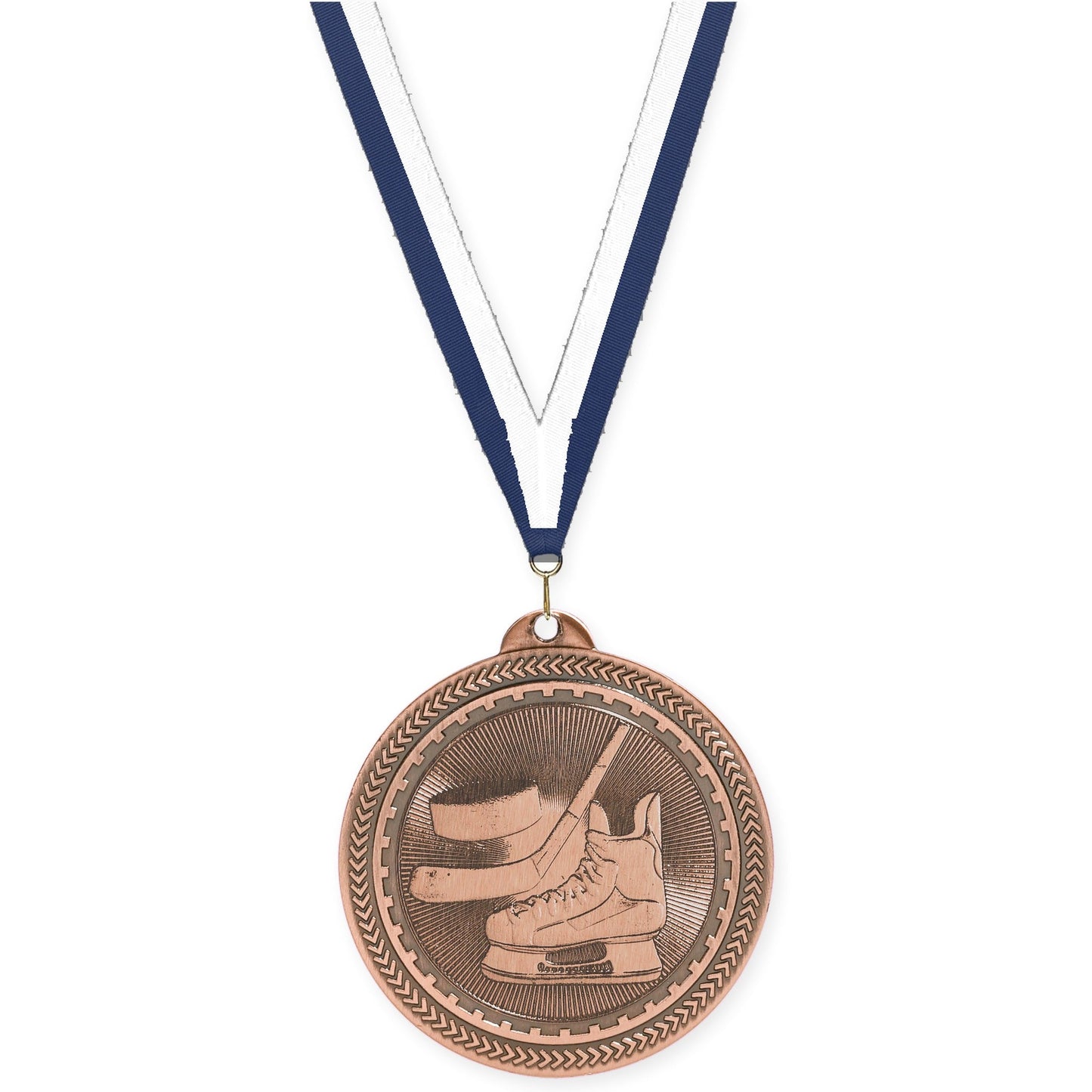 2 inch hockey Sunburst medal in antique bronze with Navy White neck ribbon