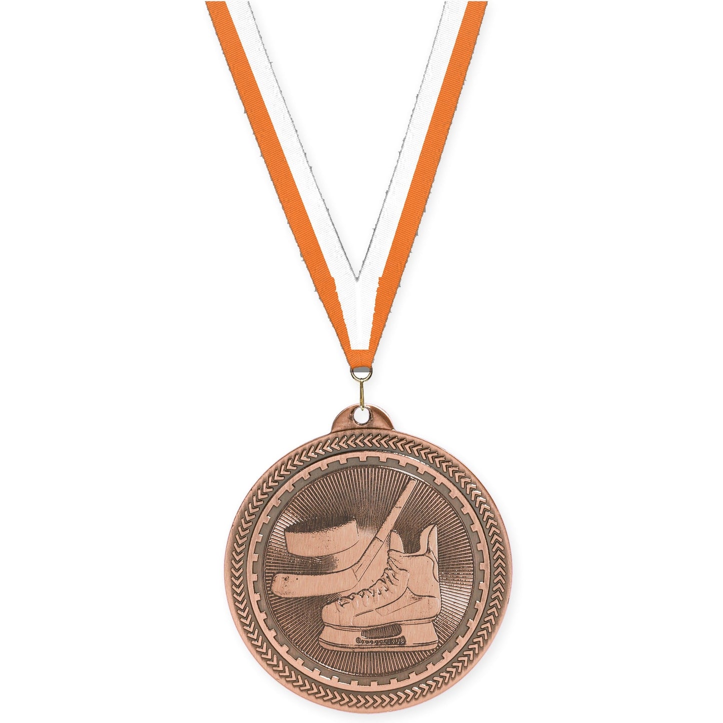 2 inch hockey Sunburst medal in antique bronze with Orange White neck ribbon