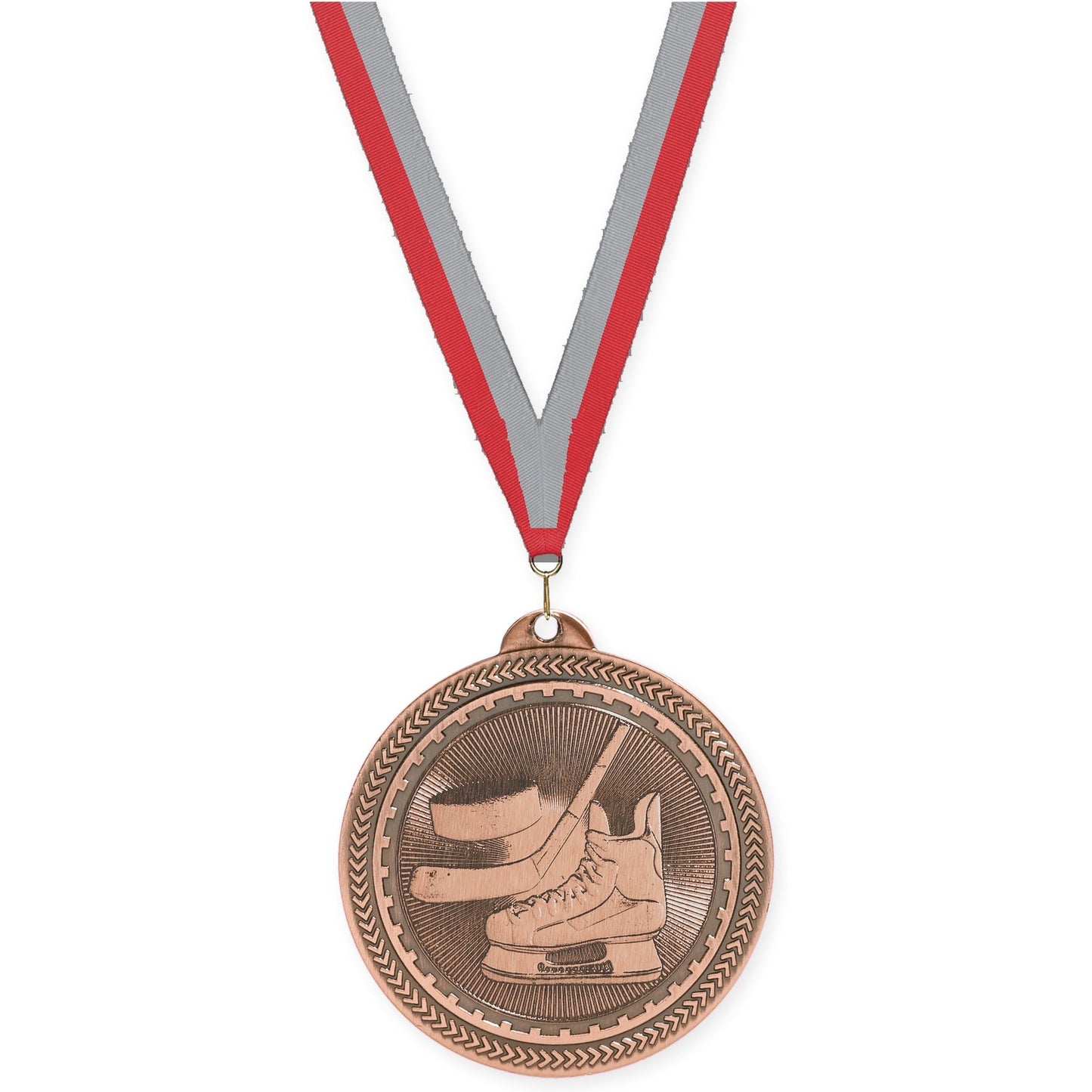 2 inch hockey Sunburst medal in antique bronze with Red Gray neck ribbon