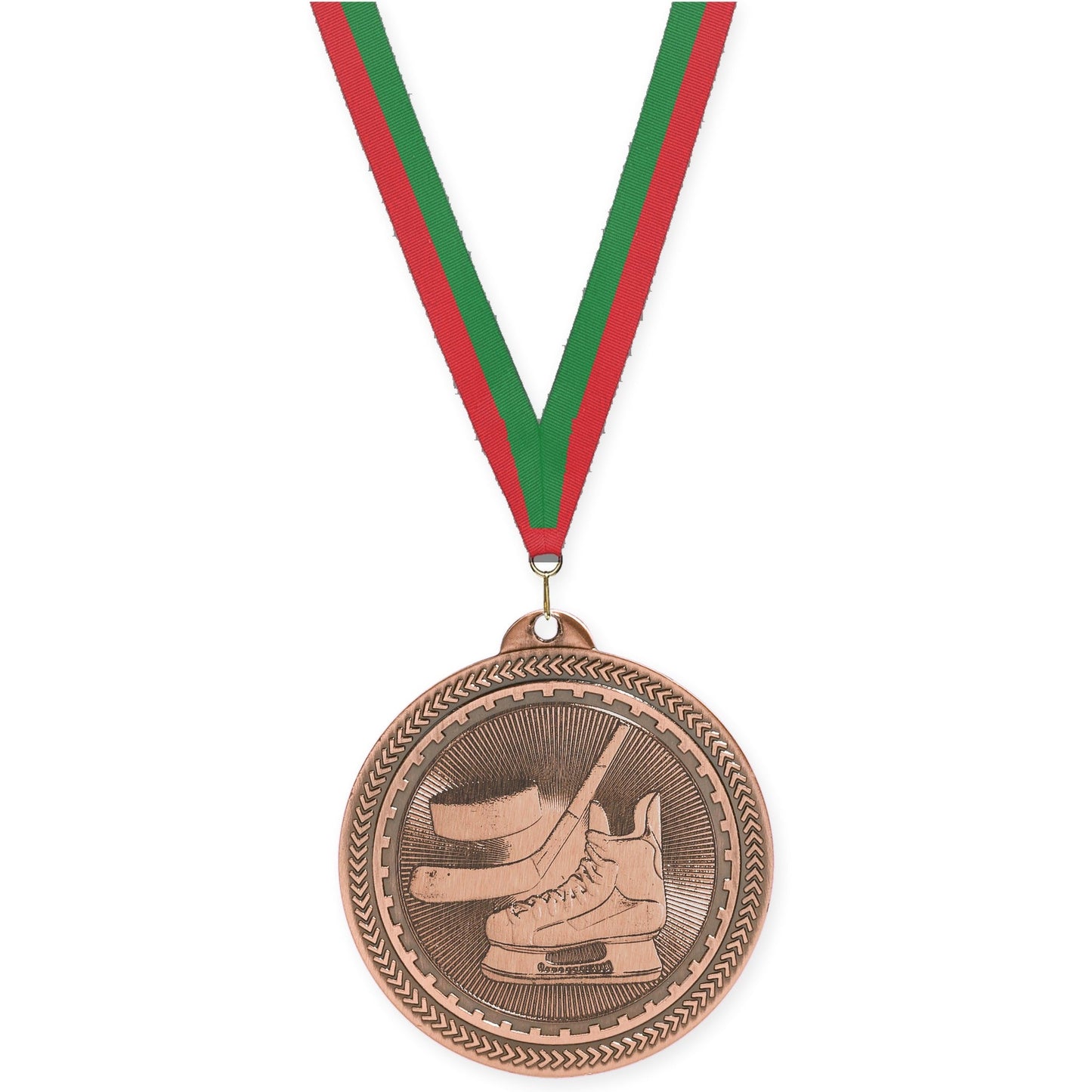 2 inch hockey Sunburst medal in antique bronze with Red Green neck ribbon