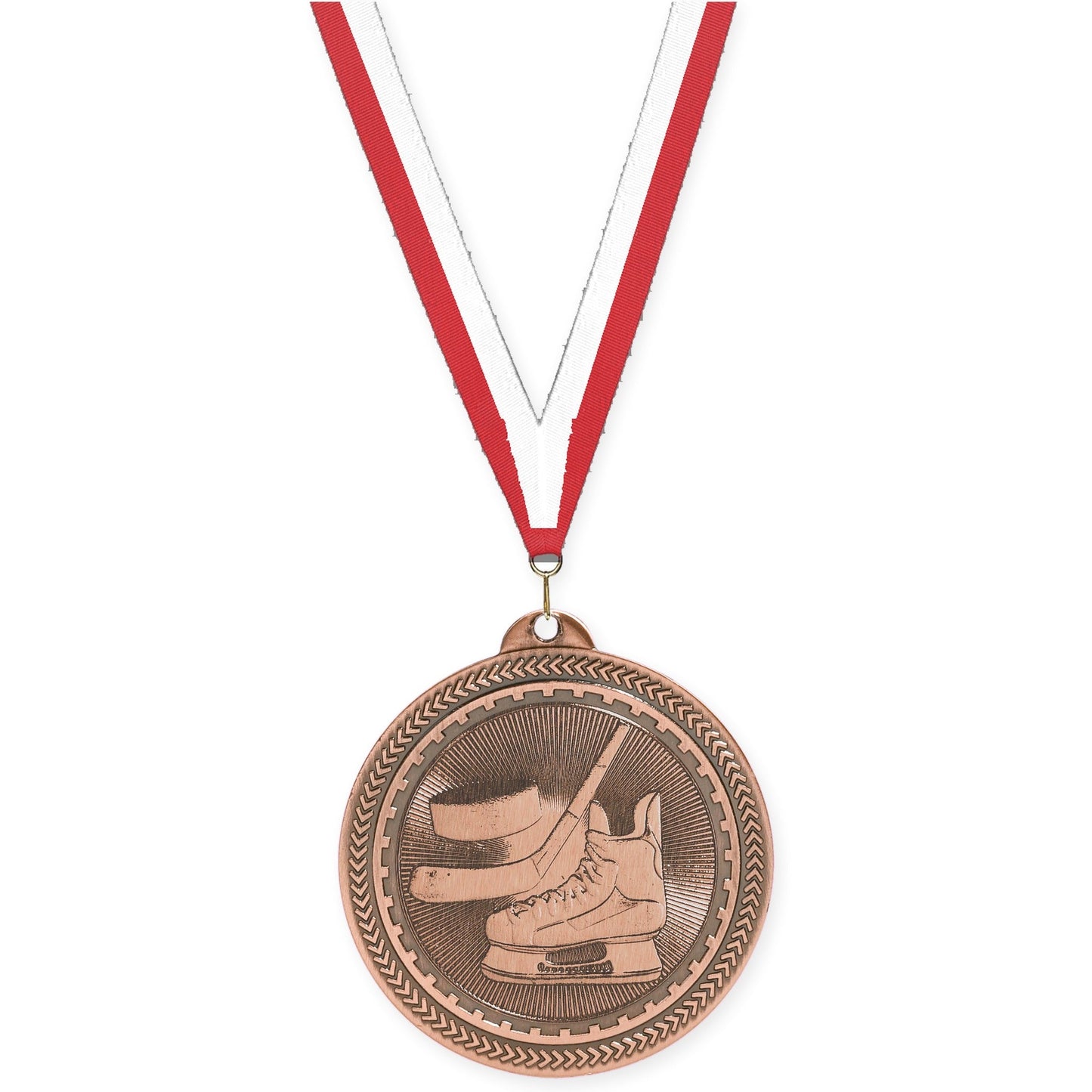 2 inch hockey Sunburst medal in antique bronze with Red White neck ribbon