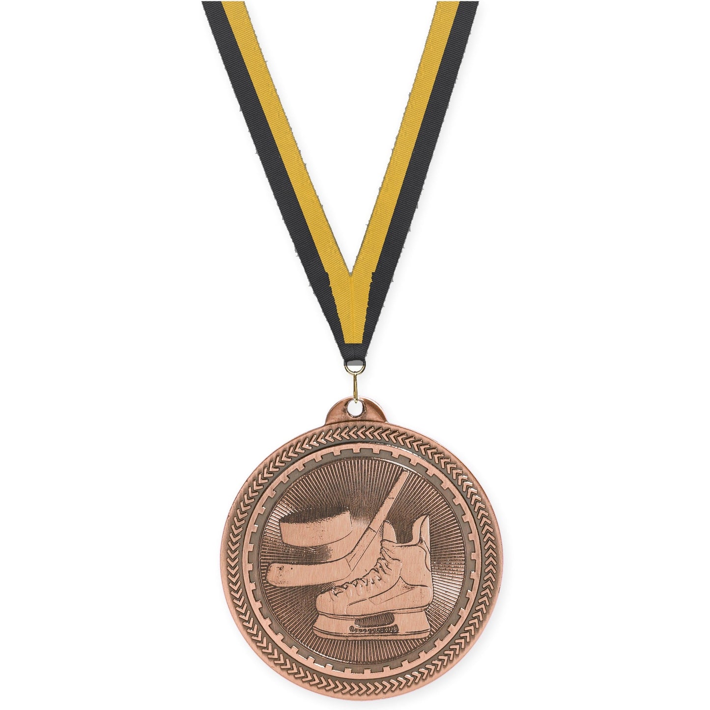 2 inch hockey Sunburst medal in antique bronze with Black Gold neck ribbon