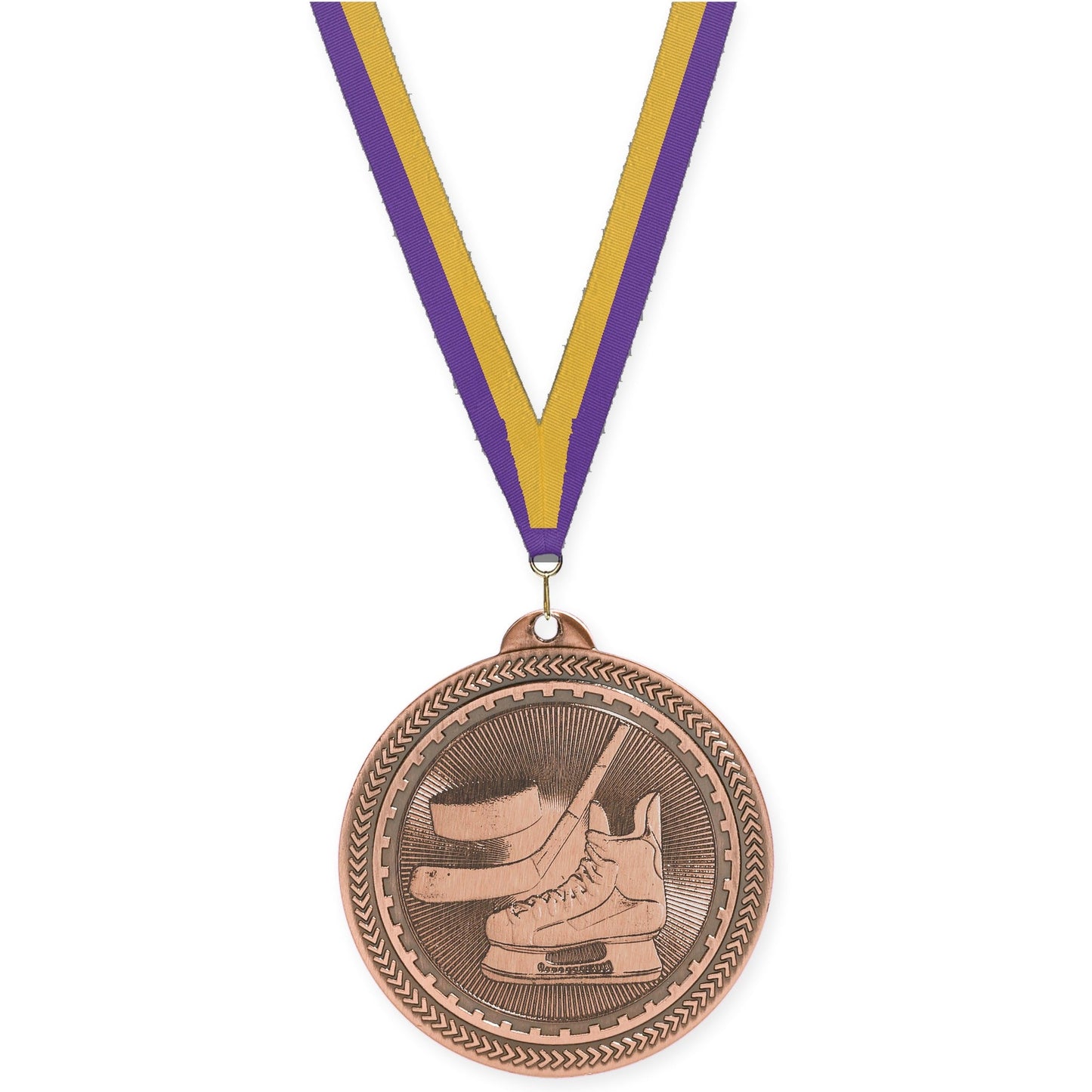 2 inch hockey Sunburst medal in antique bronze with Purple Gold neck ribbon