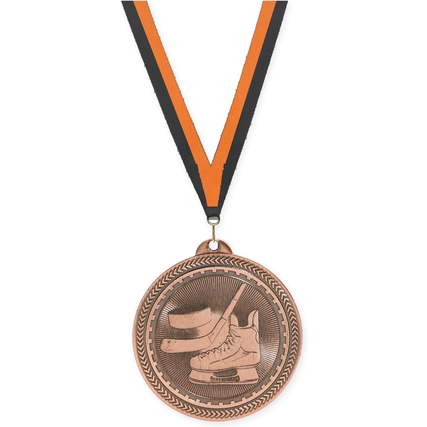 2 inch hockey Sunburst medal in antique bronze with Black Orange neck ribbon