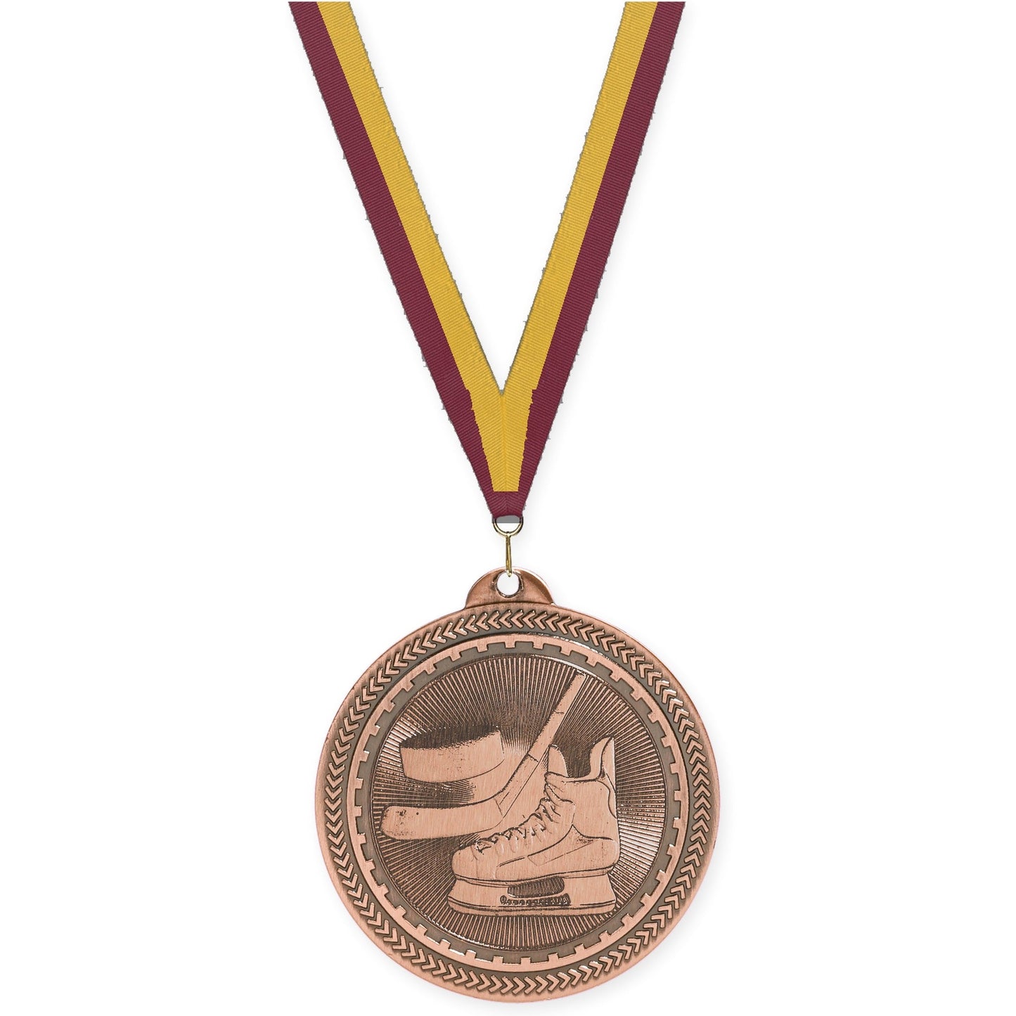 2 inch hockey Sunburst medal in antique bronze with Maroon Gold neck ribbon