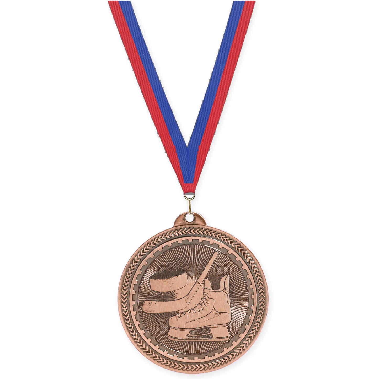 2 inch hockey Sunburst medal in antique bronze with Blue Red neck ribbon