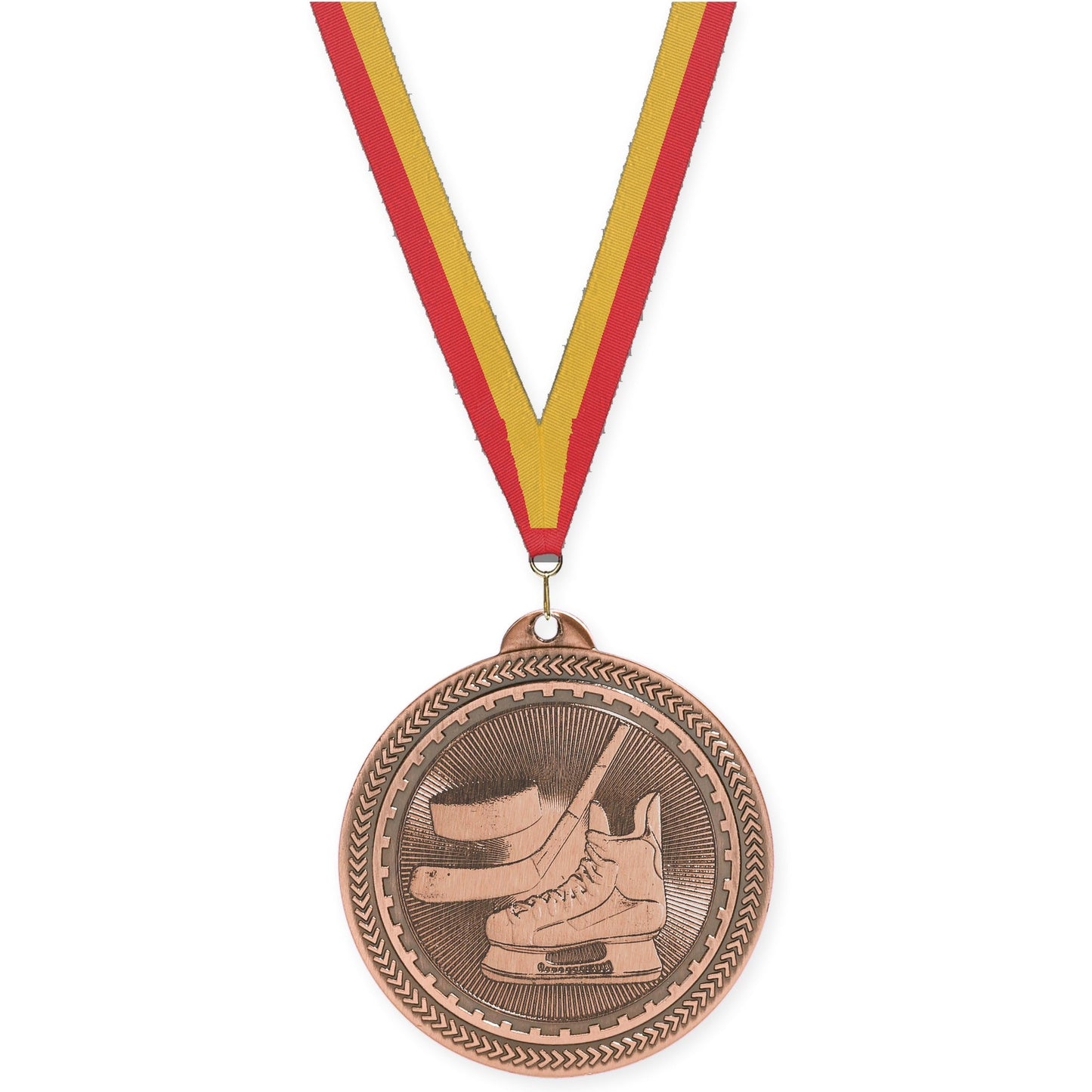 2 inch hockey Sunburst medal in antique bronze with Red Gold neck ribbon