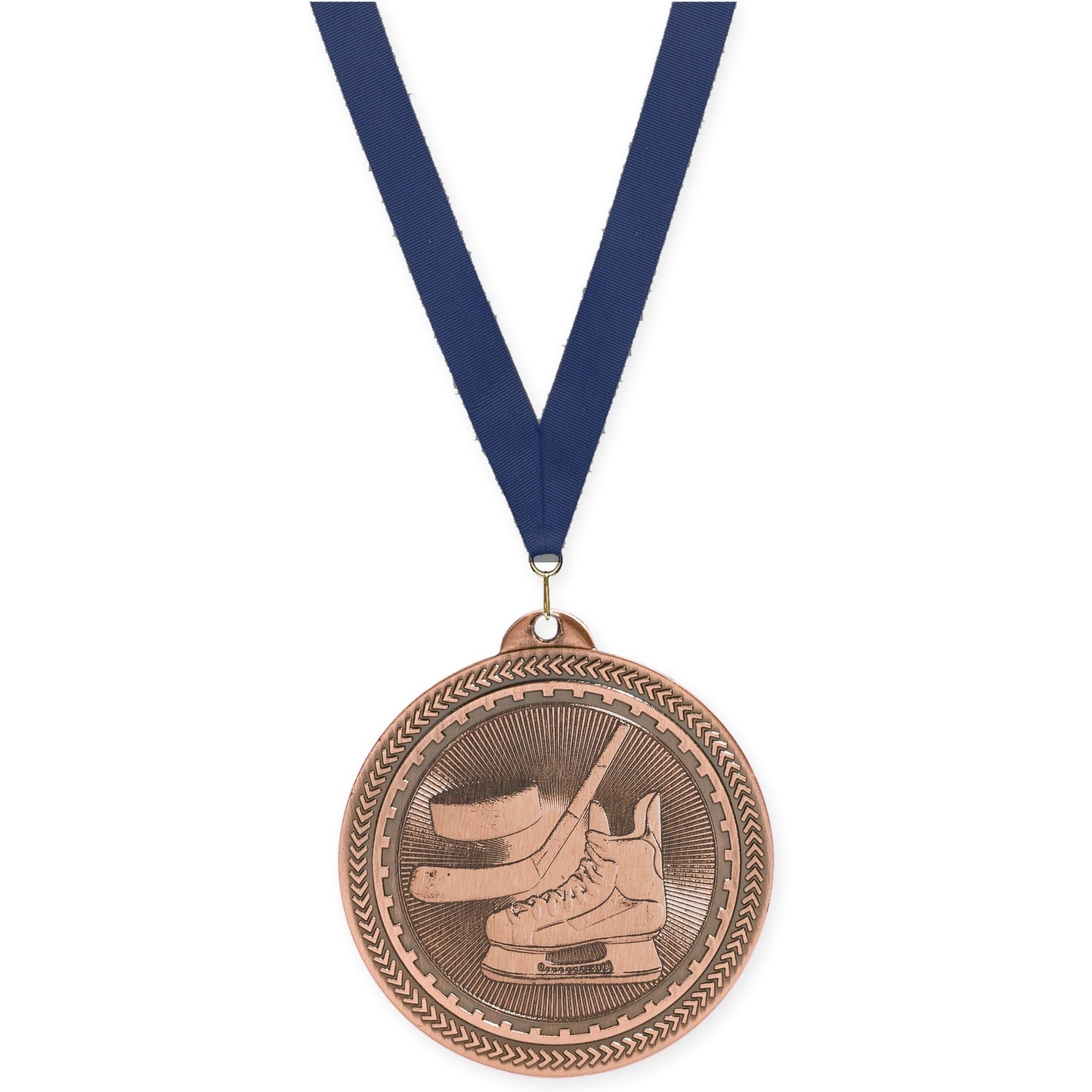 2 inch hockey Sunburst medal in antique bronze with Navy neck ribbon