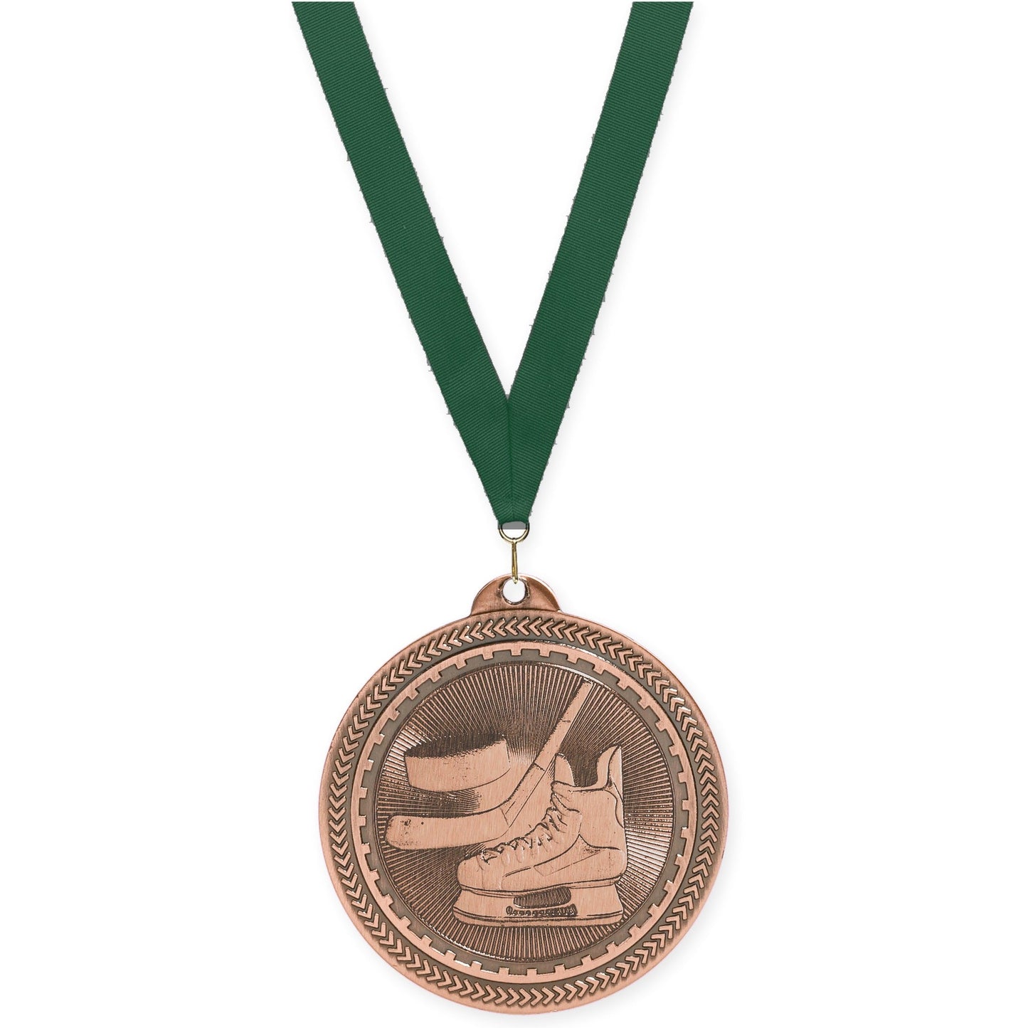 2 inch hockey Sunburst medal in antique bronze with Hunter Green neck ribbon