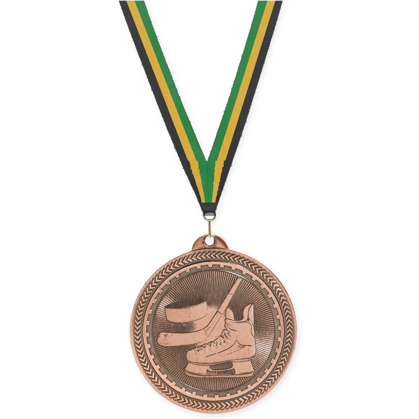 2 inch hockey Sunburst medal in antique bronze with Black Gold Green neck ribbon
