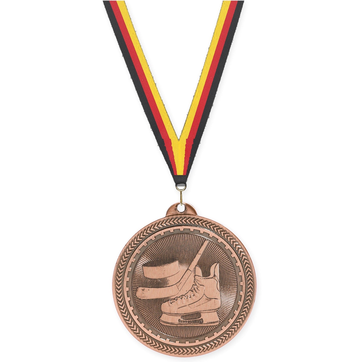 2 inch hockey Sunburst medal in antique bronze with Black Red Yellow neck ribbon