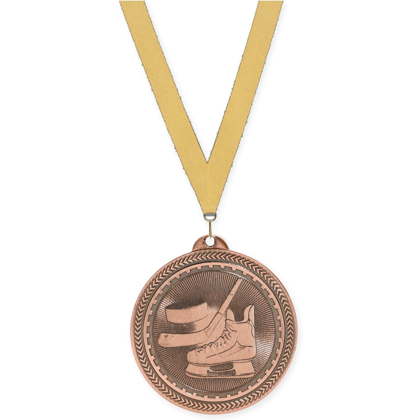 2 inch hockey Sunburst medal in antique bronze with Gold Metallic neck ribbon