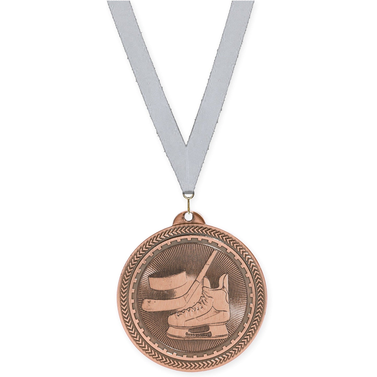 2 inch hockey Sunburst medal in antique bronze with Silver Metallic neck ribbon
