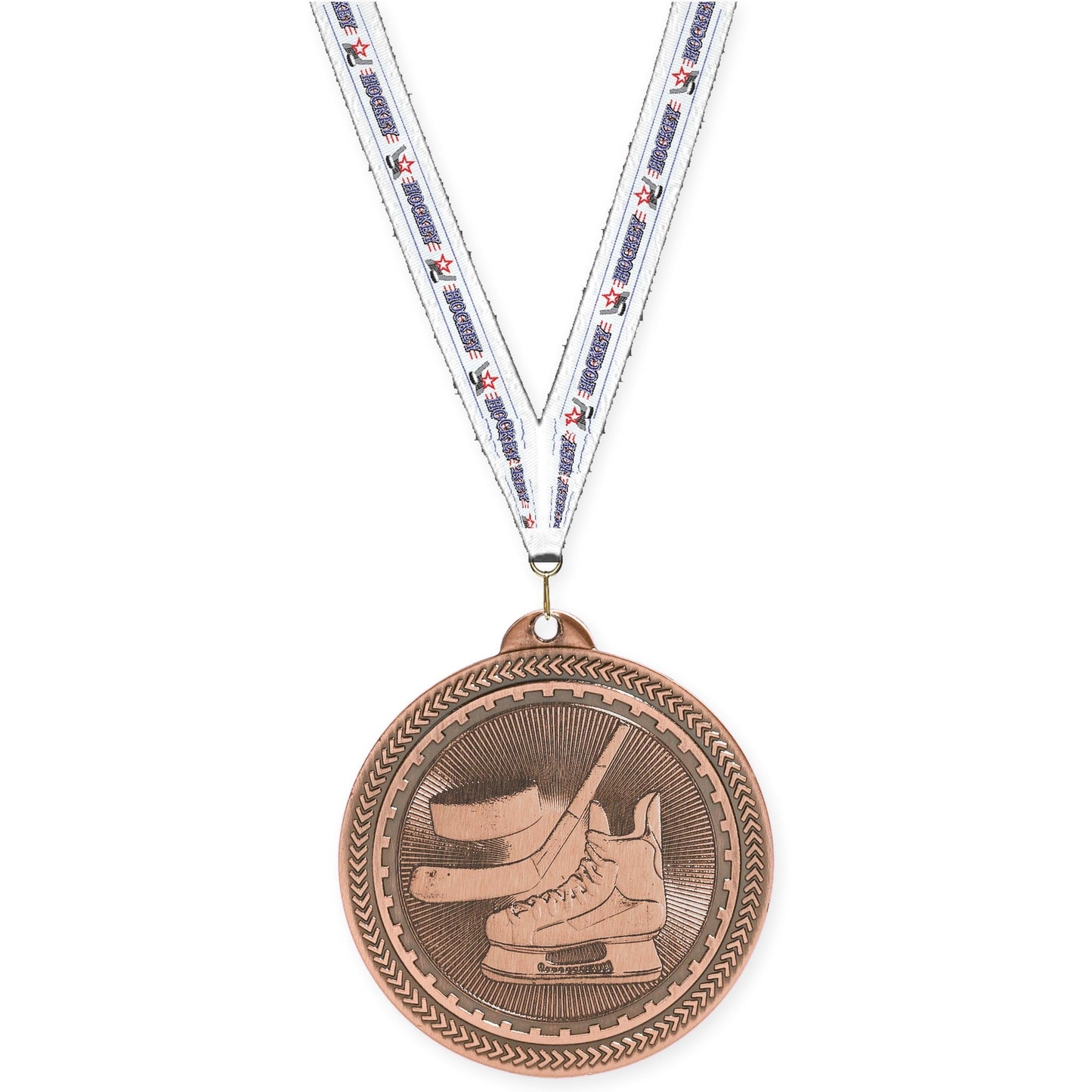 2 inch hockey Sunburst medal in antique bronze with Hockey neck ribbon