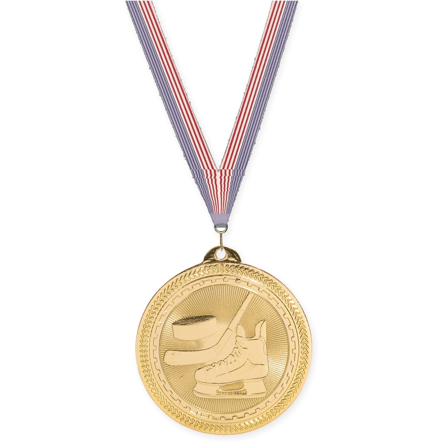 2 inch hockey Sunburst medal in bright gold with USA Flag neck ribbon