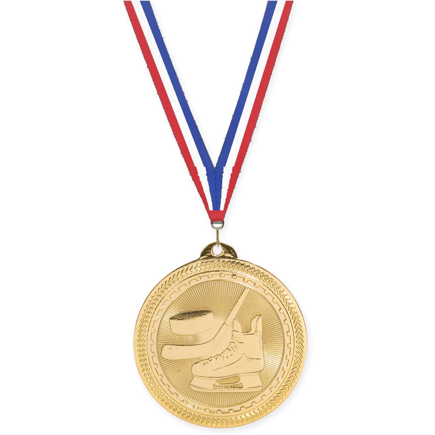 2 inch hockey Sunburst medal in bright gold with Red White Blue neck ribbon