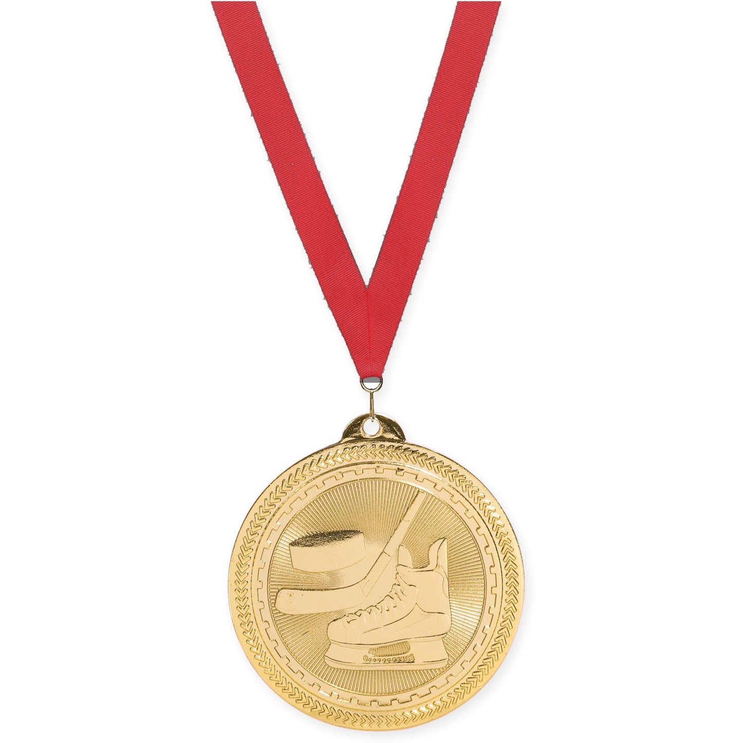 2 inch hockey Sunburst medal in bright gold with Red neck ribbon