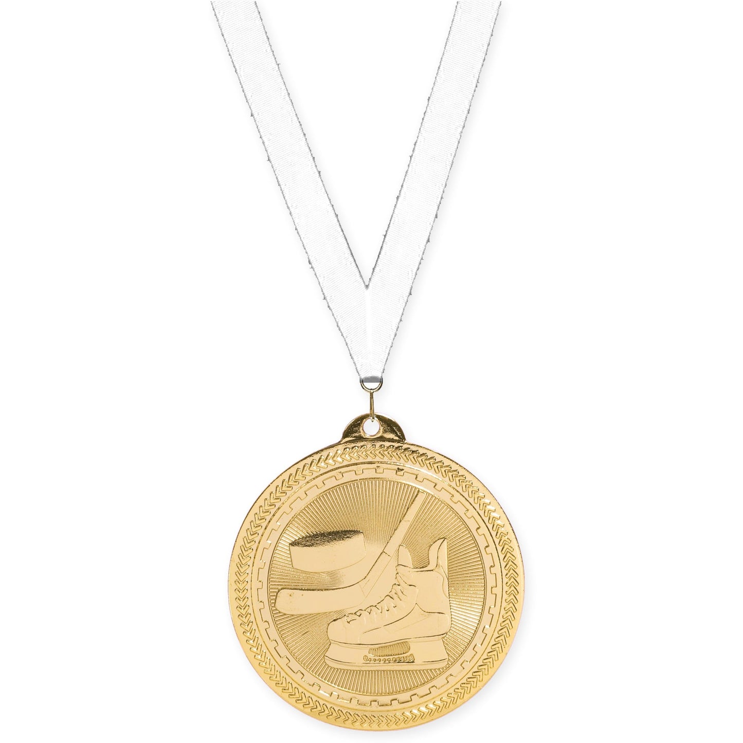2 inch hockey Sunburst medal in bright gold with White neck ribbon