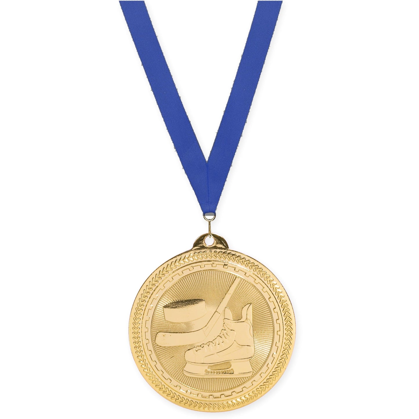 2 inch hockey Sunburst medal in bright gold with Blue neck ribbon
