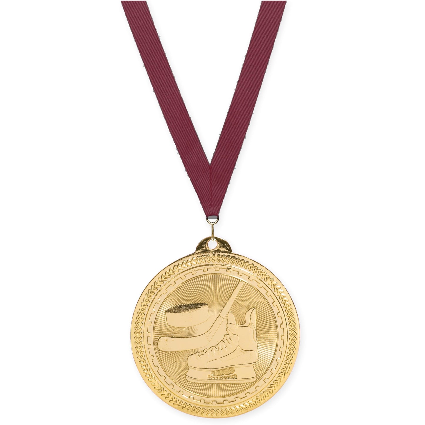 2 inch hockey Sunburst medal in bright gold with Maroon neck ribbon