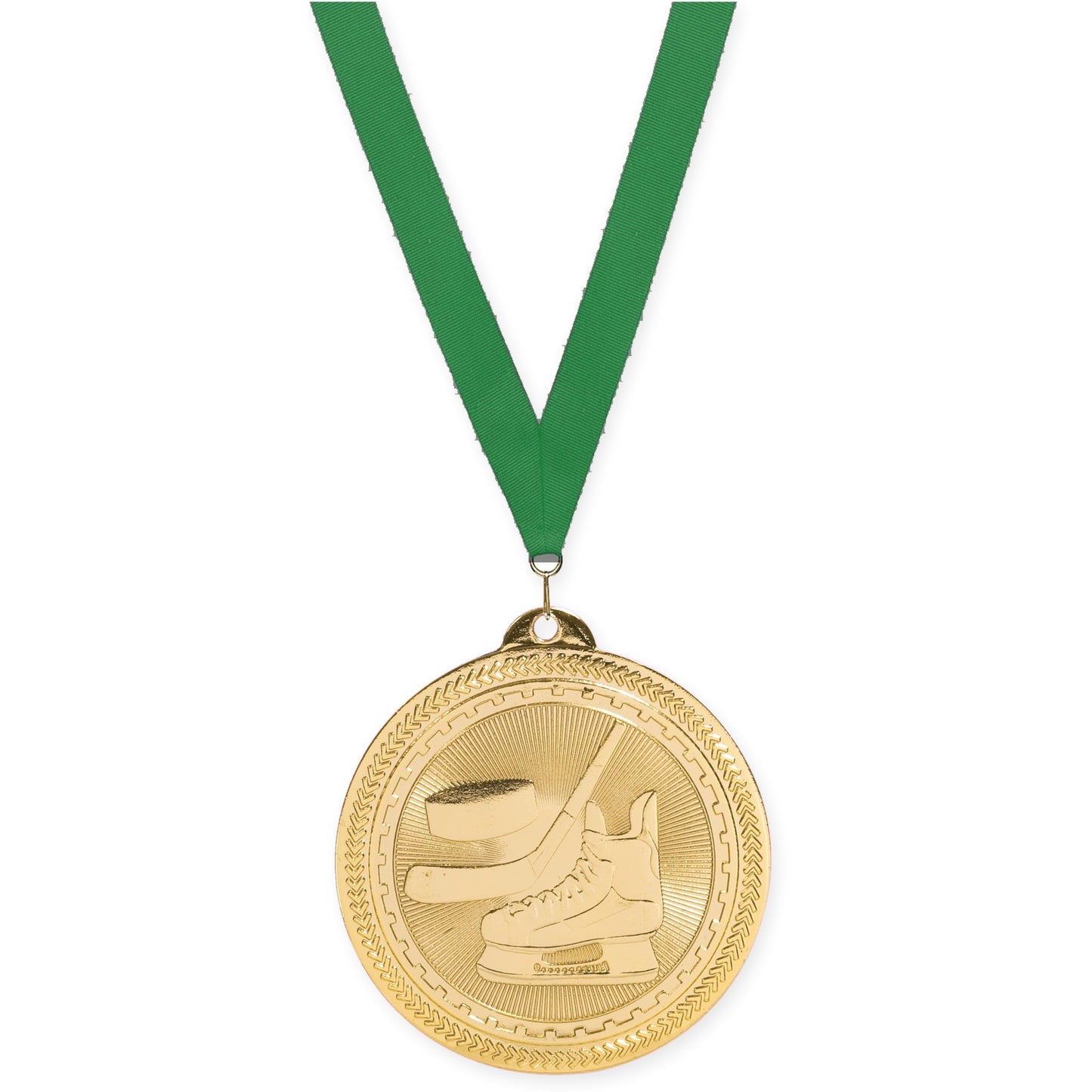 2 inch hockey Sunburst medal in bright gold with Green neck ribbon