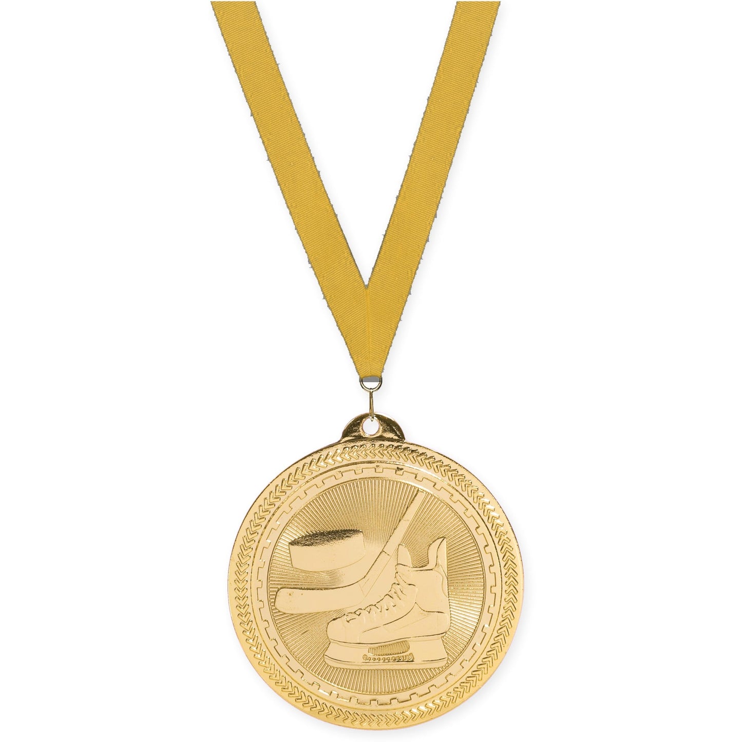 2 inch hockey Sunburst medal in bright gold with Gold neck ribbon