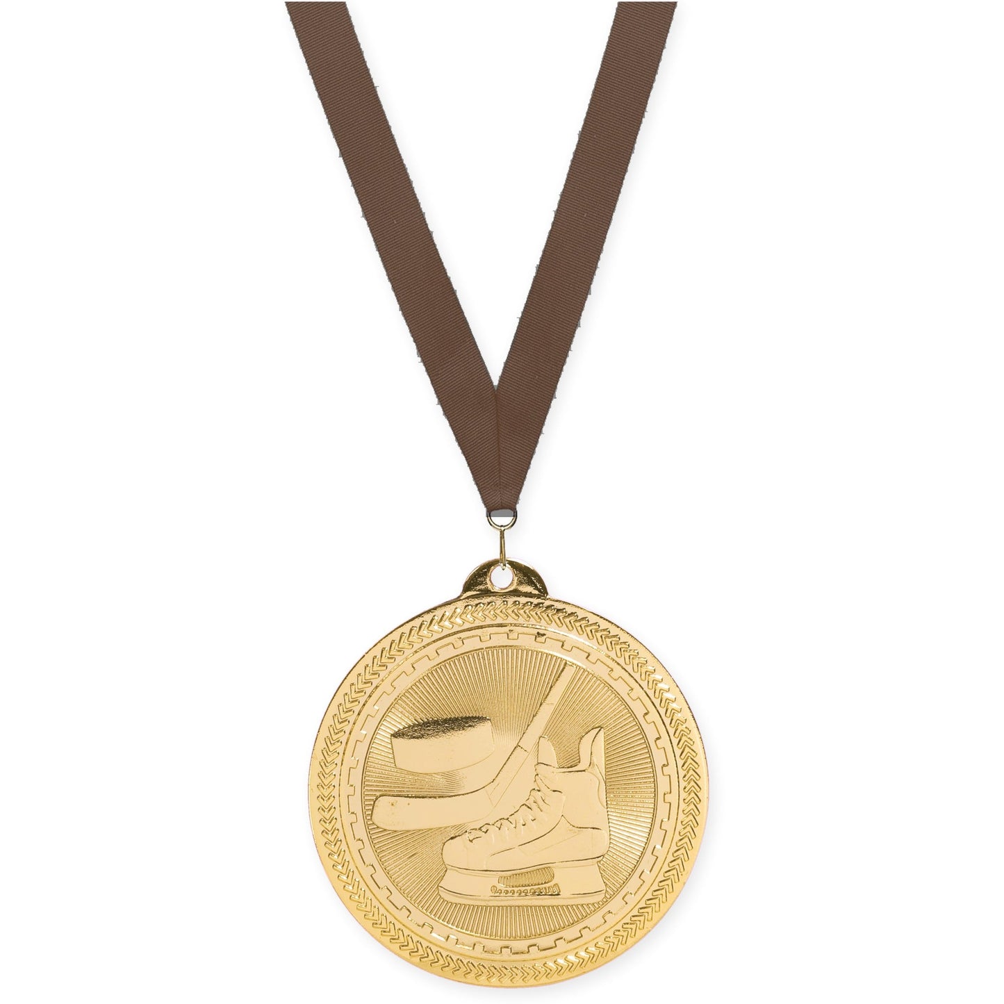 2 inch hockey Sunburst medal in bright gold with Brown neck ribbon