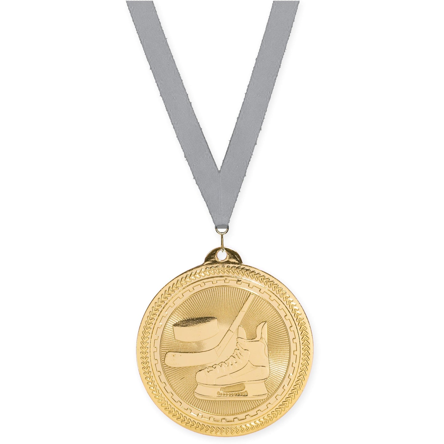 2 inch hockey Sunburst medal in bright gold with Gray neck ribbon