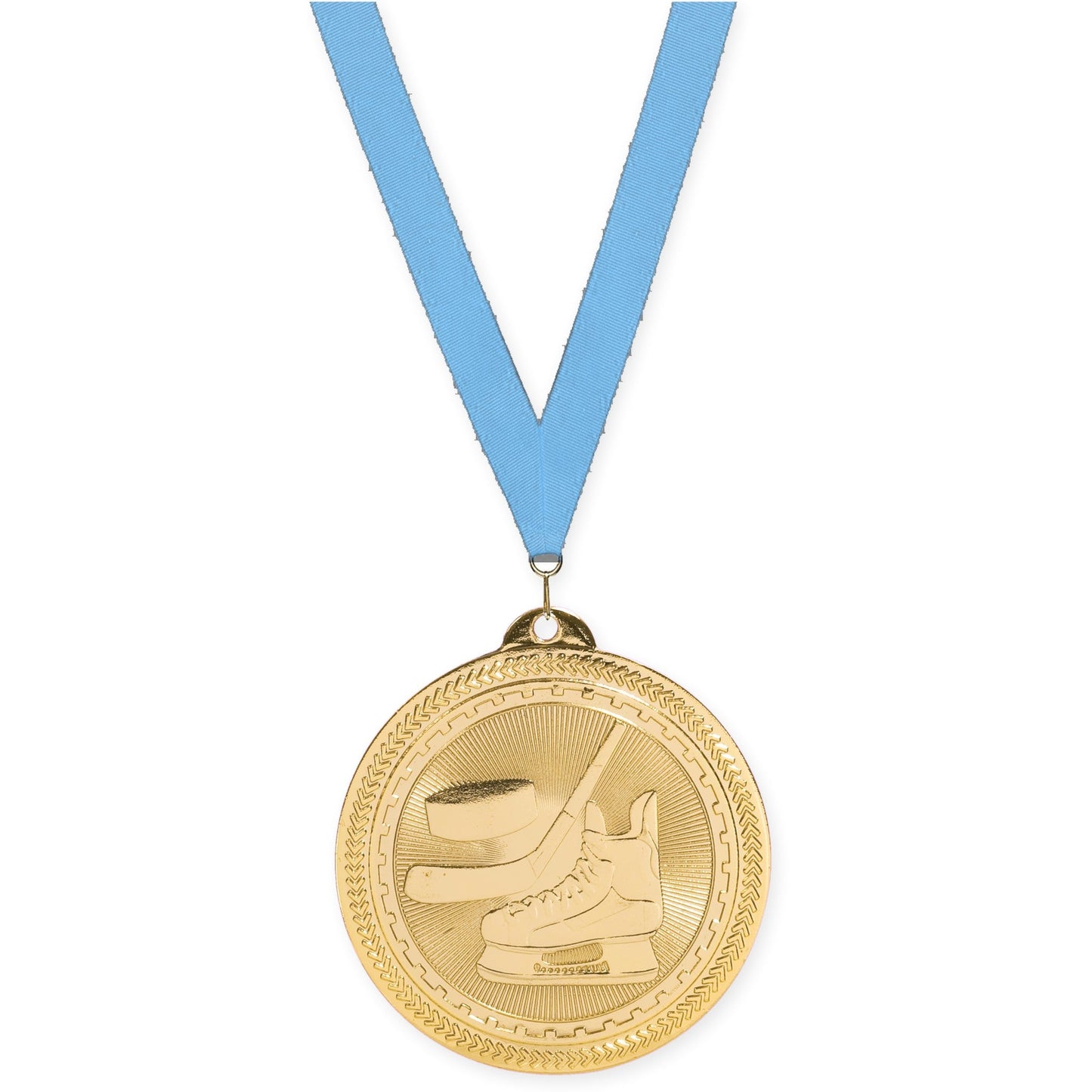 2 inch hockey Sunburst medal in bright gold with Light Blue neck ribbon