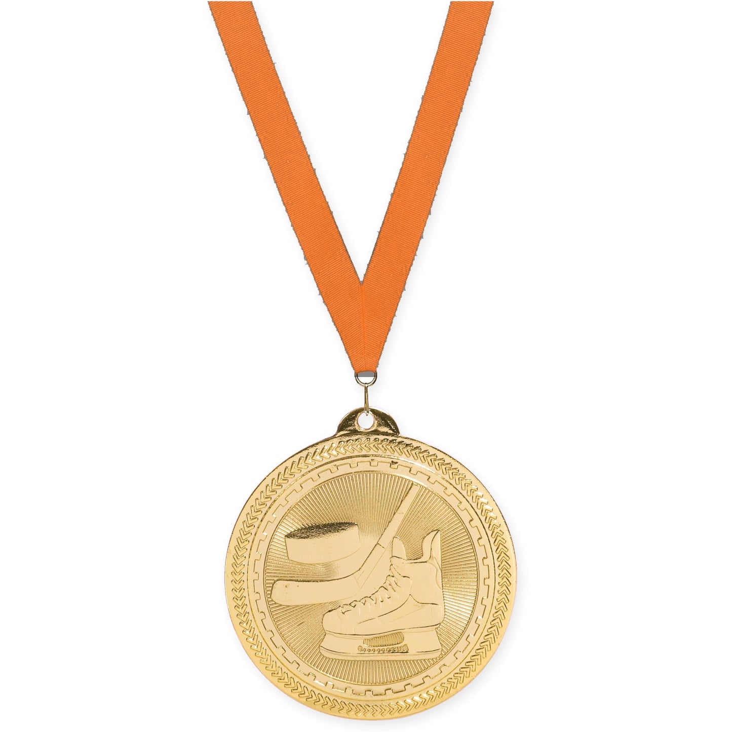 2 inch hockey Sunburst medal in bright gold with Orange neck ribbon