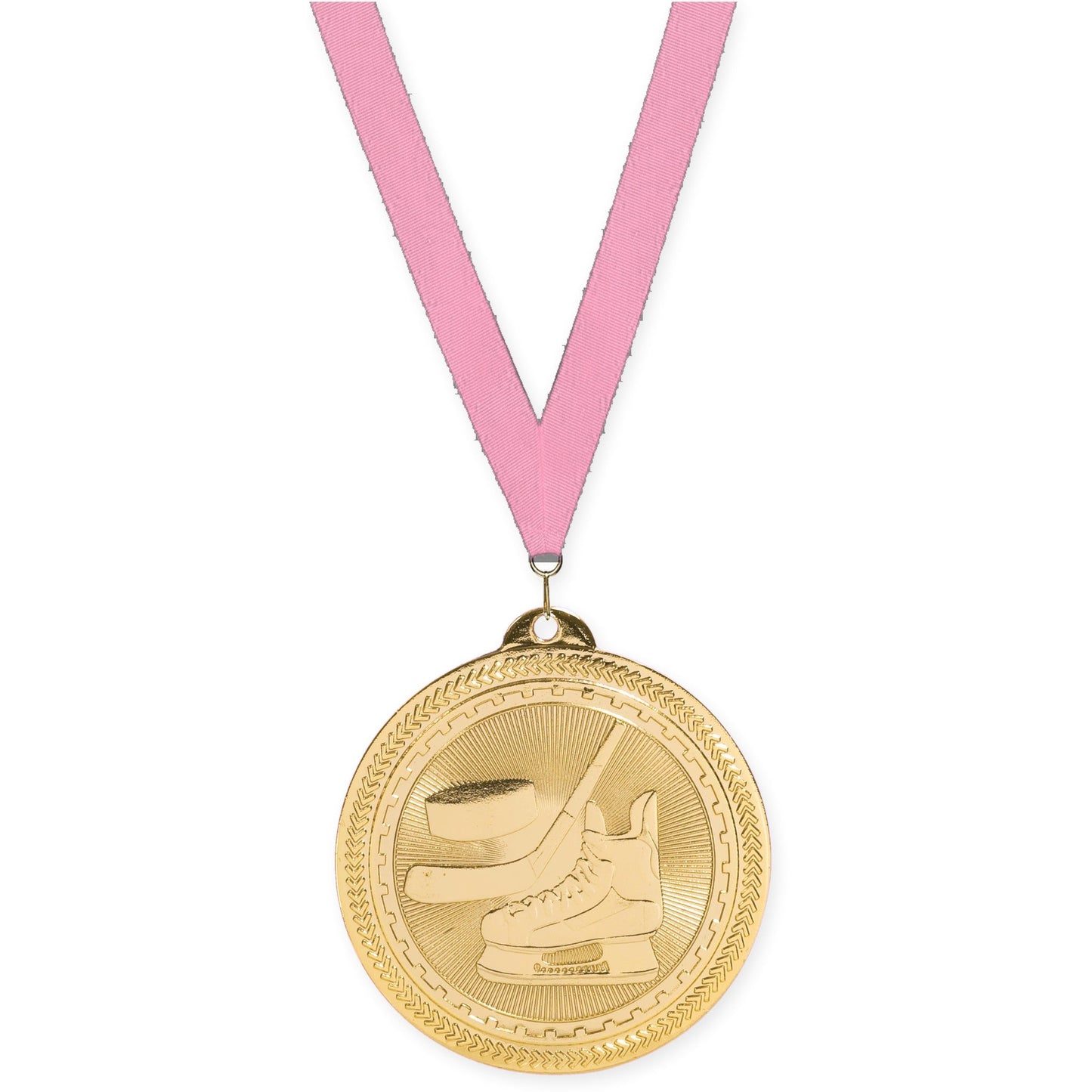 2 inch hockey Sunburst medal in bright gold with Pink neck ribbon