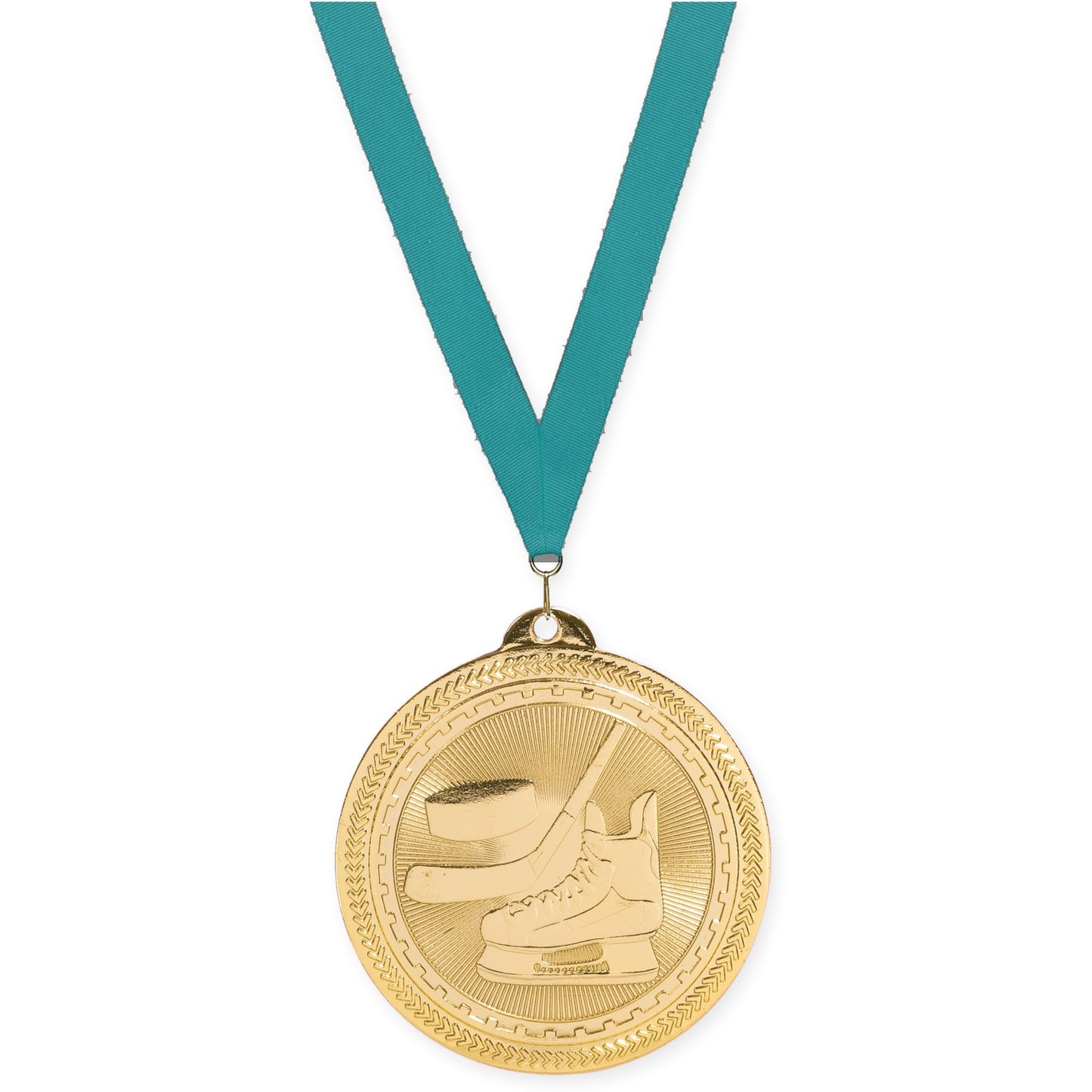 2 inch hockey Sunburst medal in bright gold with Teal neck ribbon