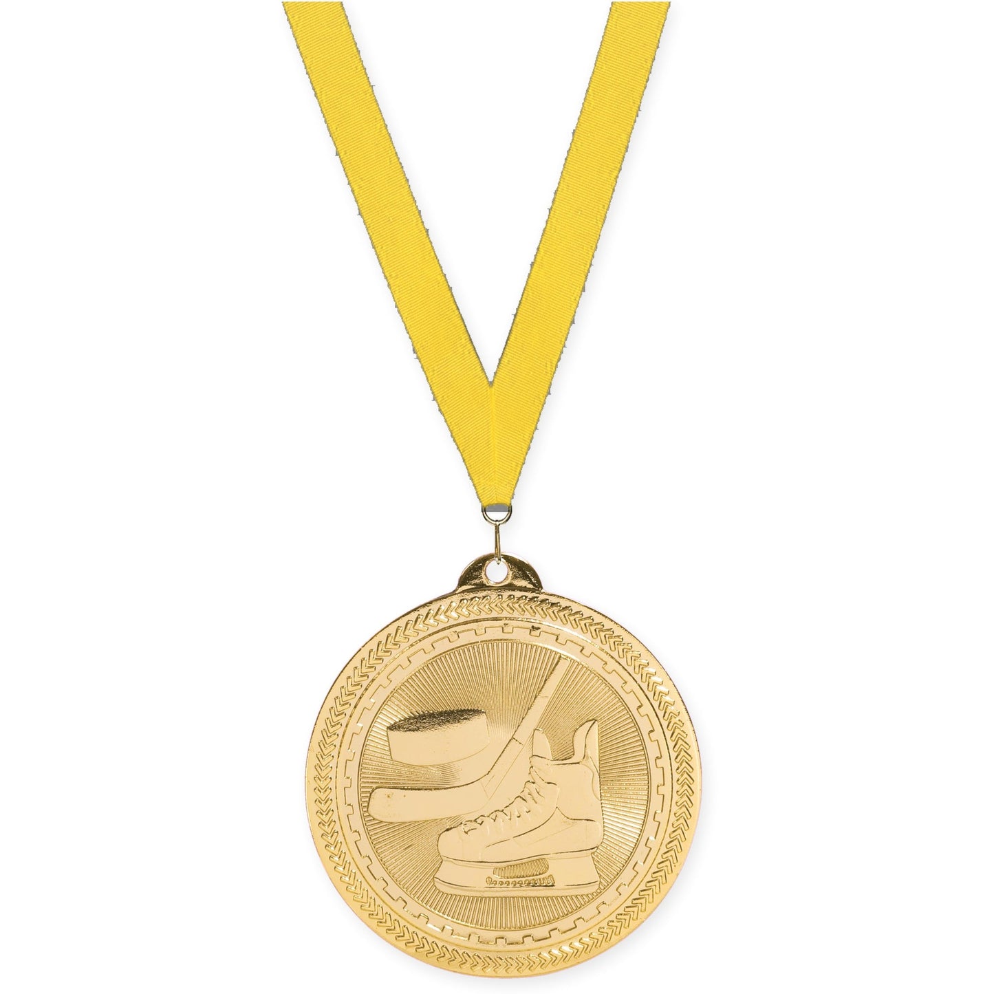 2 inch hockey Sunburst medal in bright gold with Yellow neck ribbon