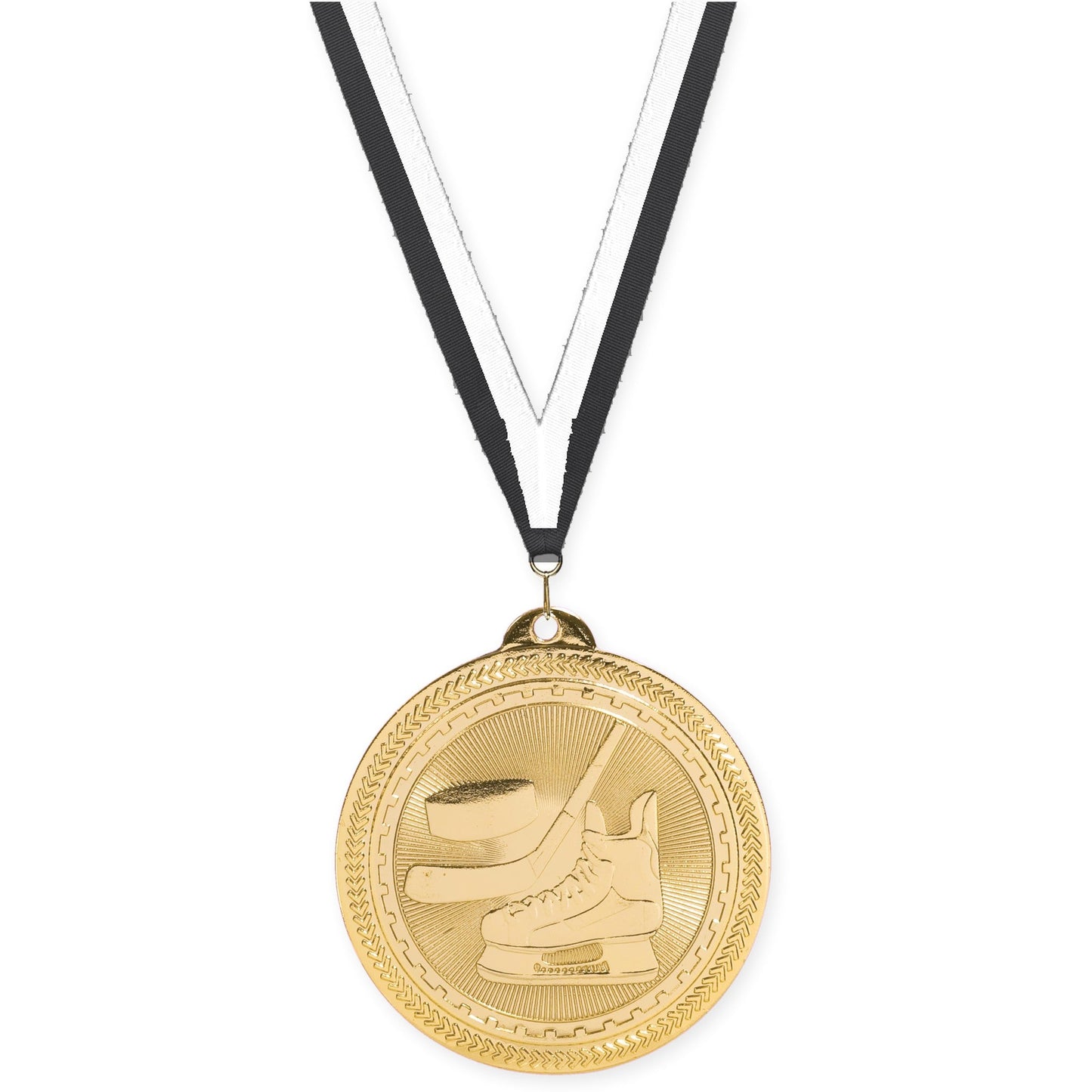 2 inch hockey Sunburst medal in bright gold with Black White neck ribbon