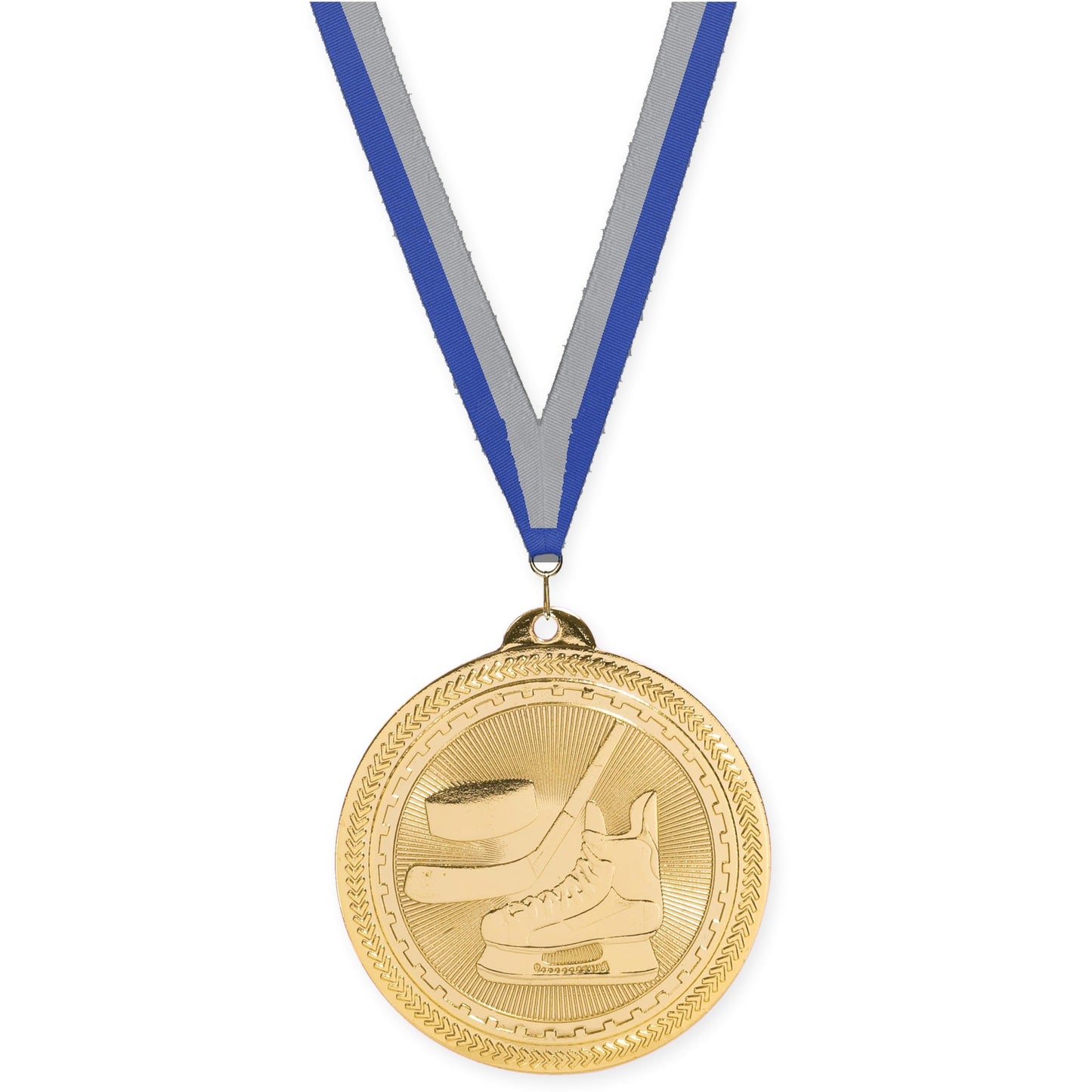 2 inch hockey Sunburst medal in bright gold with Blue Gray neck ribbon