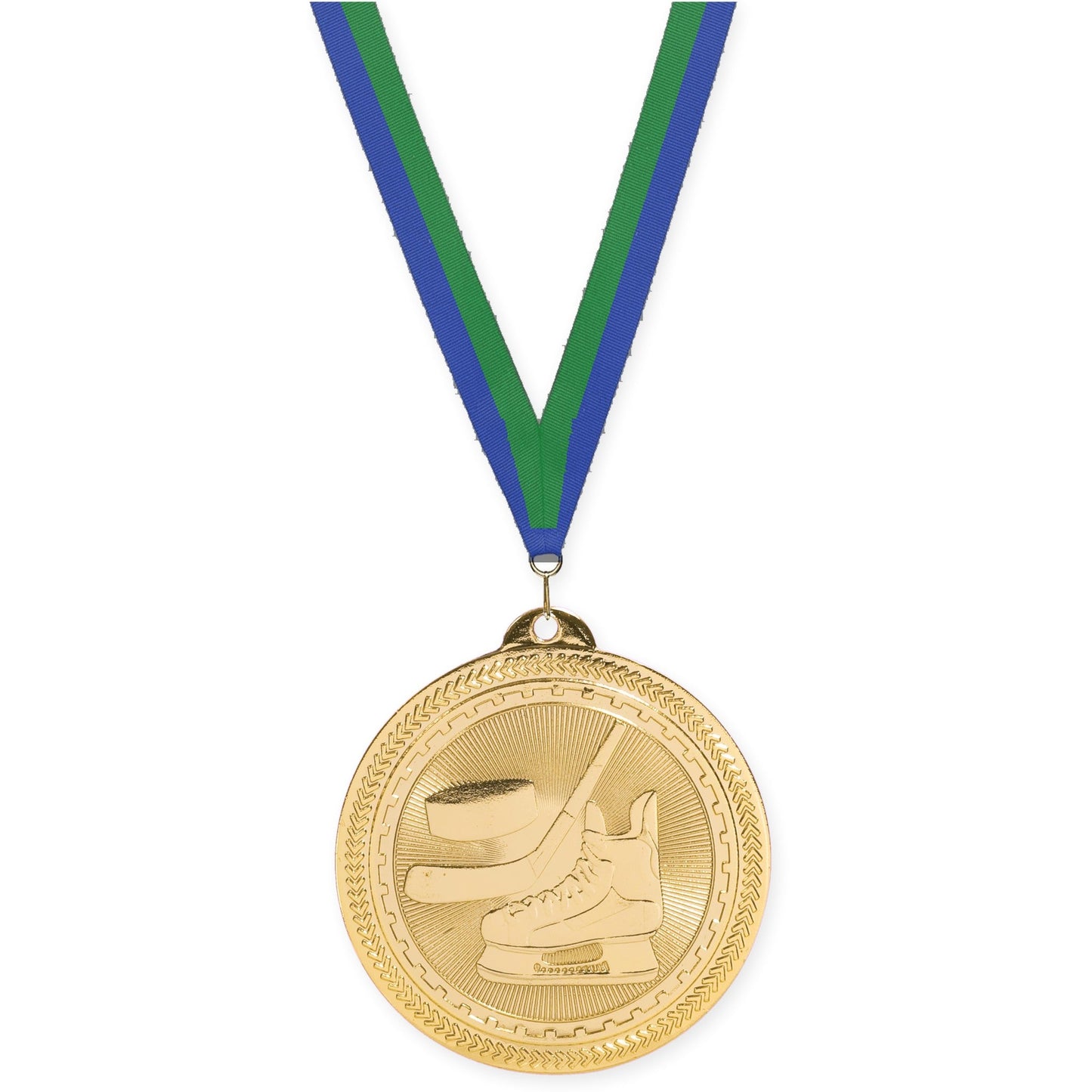 2 inch hockey Sunburst medal in bright gold with Blue Green neck ribbon