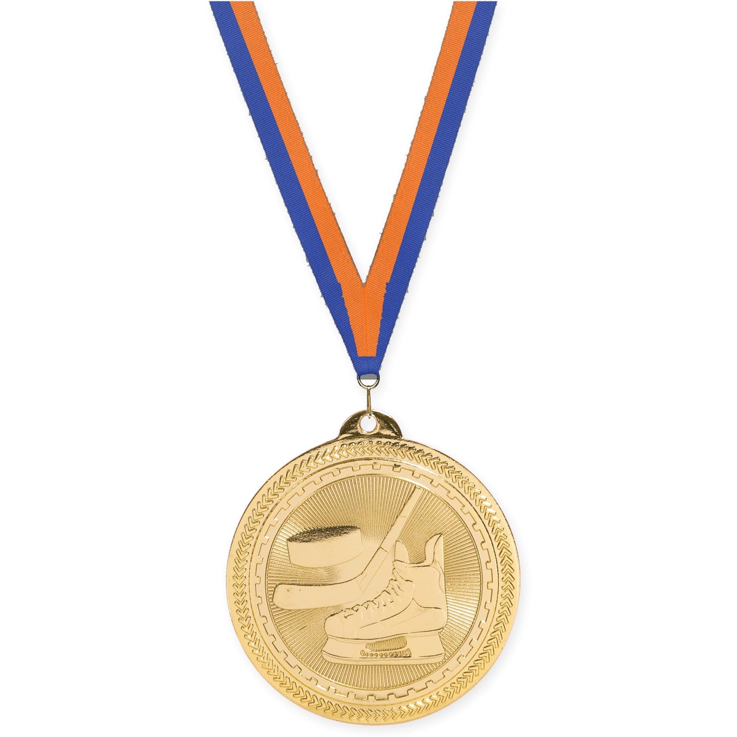 2 inch hockey Sunburst medal in bright gold with Blue Orange neck ribbon