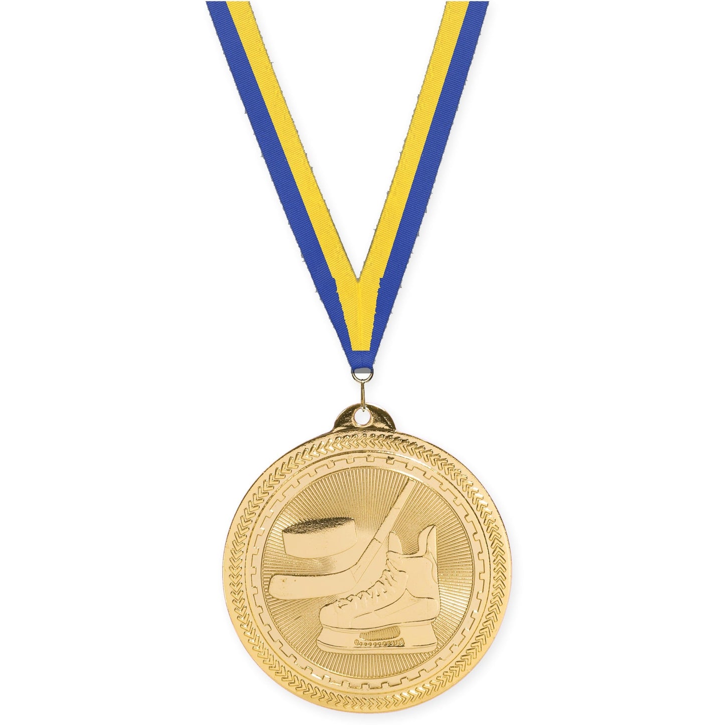 2 inch hockey Sunburst medal in bright gold with Blue Yellow neck ribbon