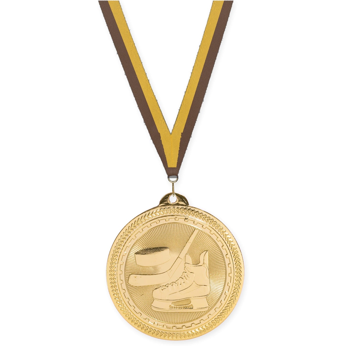 2 inch hockey Sunburst medal in bright gold with Brown Gold neck ribbon