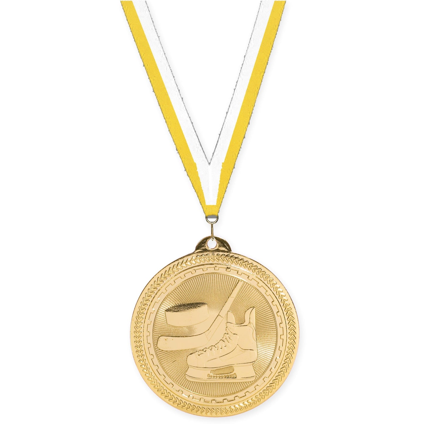 2 inch hockey Sunburst medal in bright gold with Yellow White neck ribbon