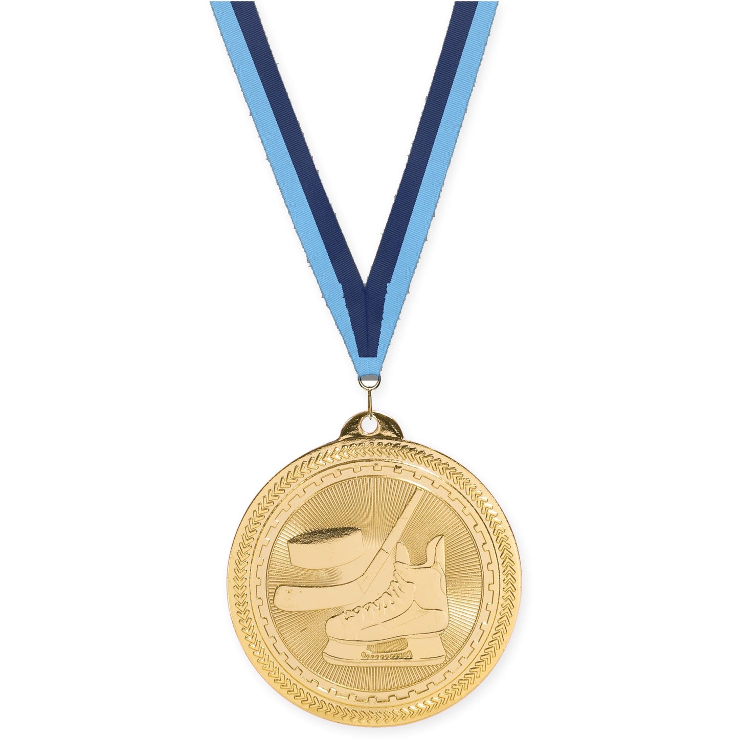 2 inch hockey Sunburst medal in bright gold with Light Blue Navy neck ribbon