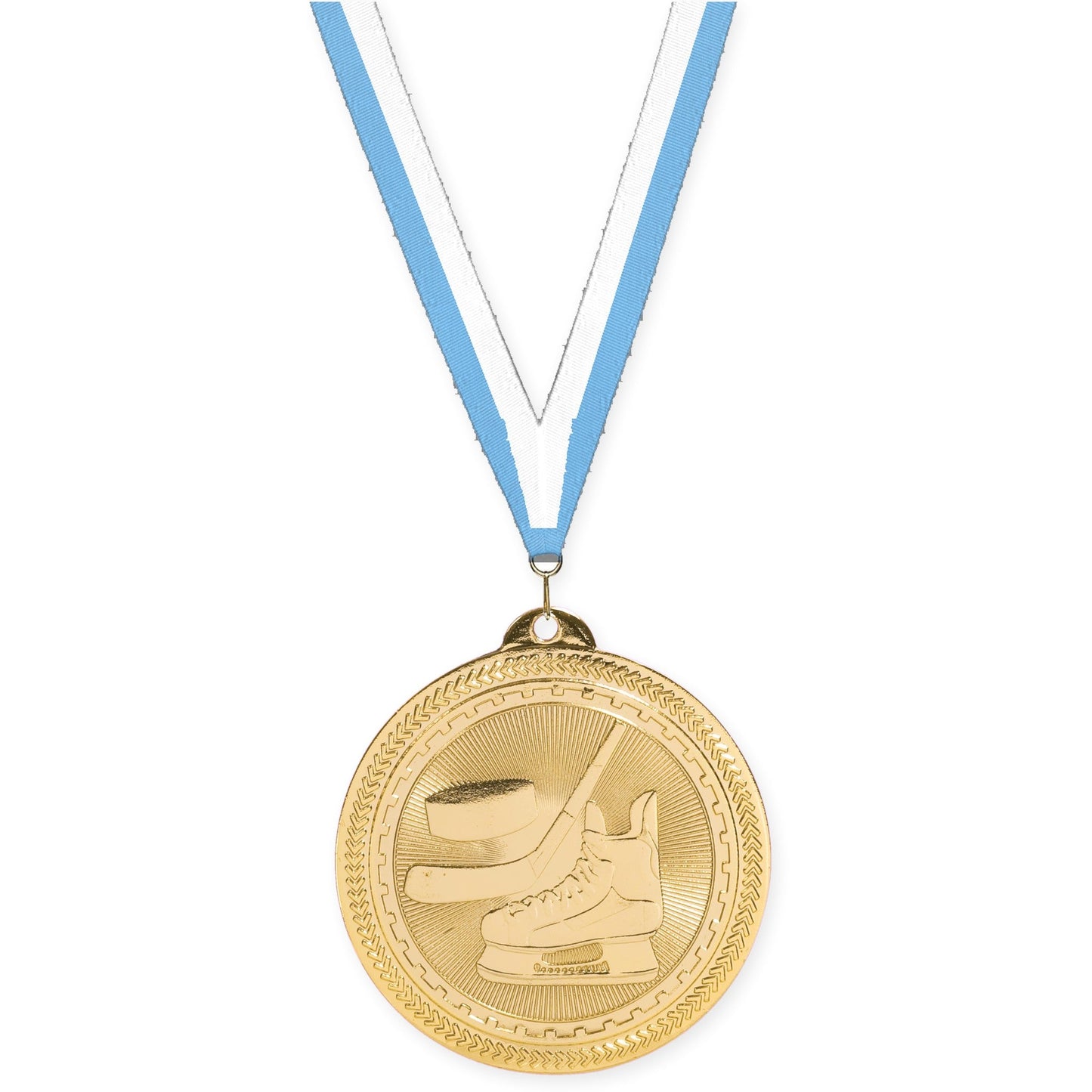 2 inch hockey Sunburst medal in bright gold with Light Blue White neck ribbon