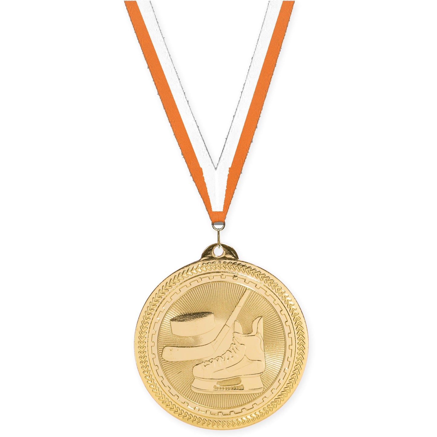 2 inch hockey Sunburst medal in bright gold with Orange White neck ribbon