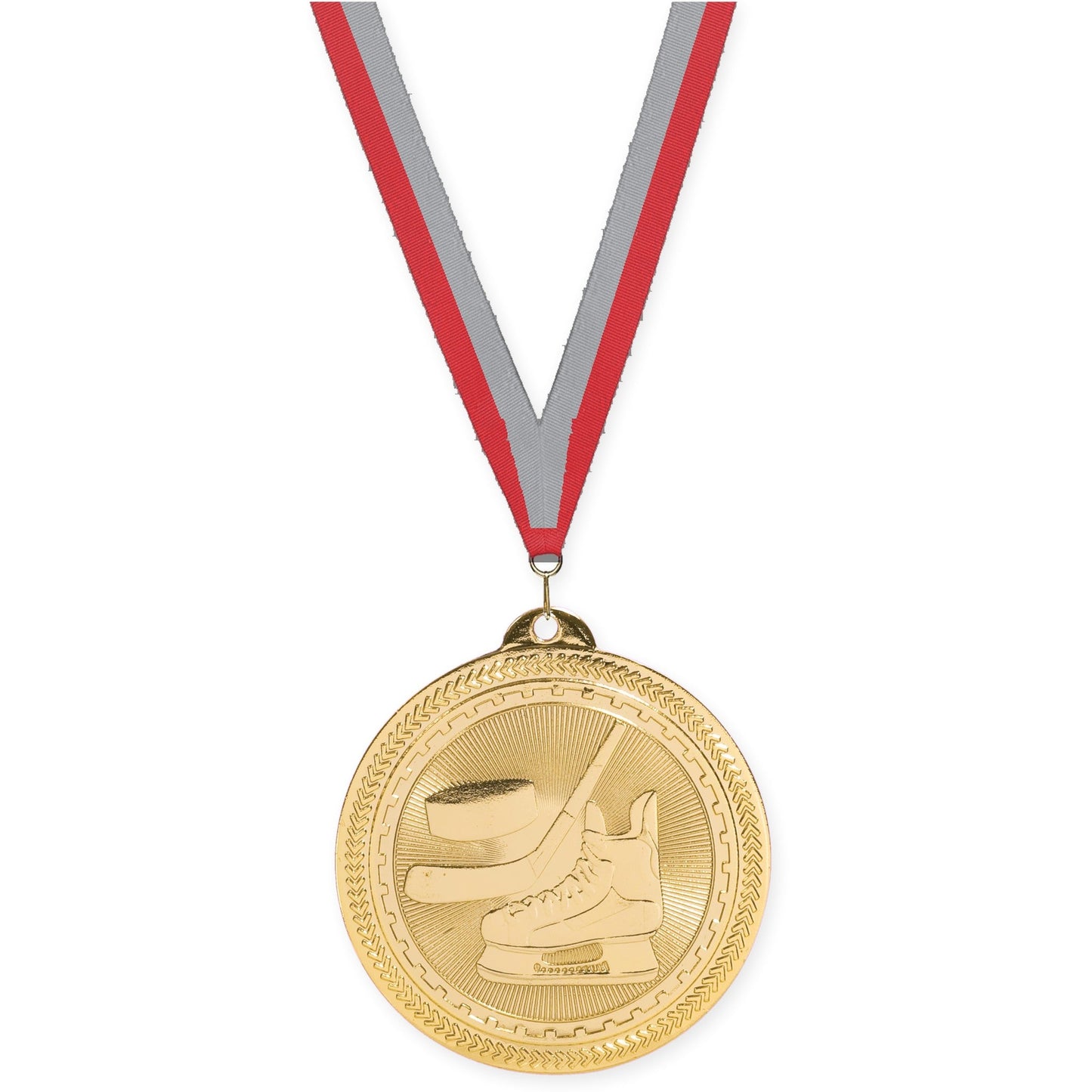 2 inch hockey Sunburst medal in bright gold with Red Gray neck ribbon