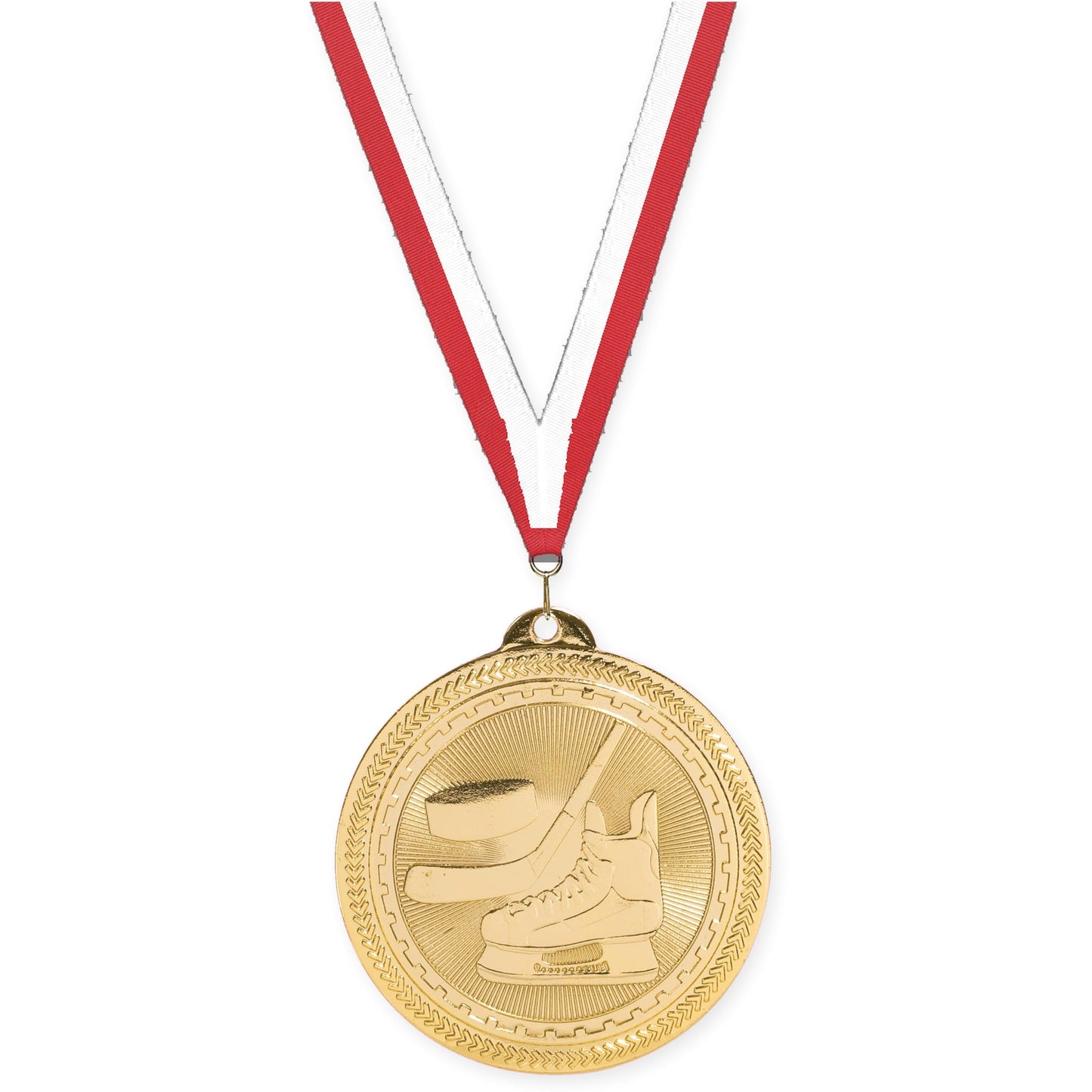 2 inch hockey Sunburst medal in bright gold with Red White neck ribbon