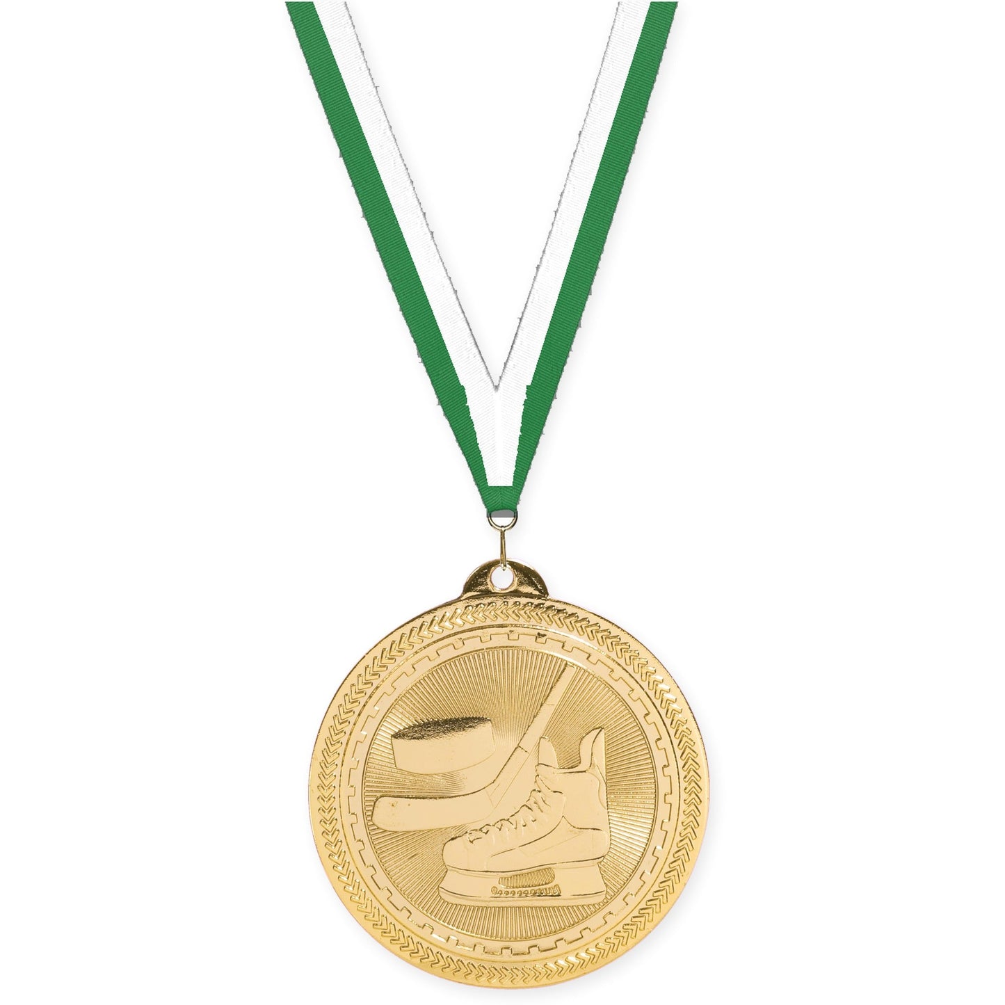 2 inch hockey Sunburst medal in bright gold with Green White neck ribbon