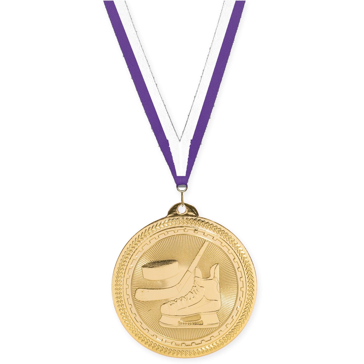 2 inch hockey Sunburst medal in bright gold with Purple White neck ribbon