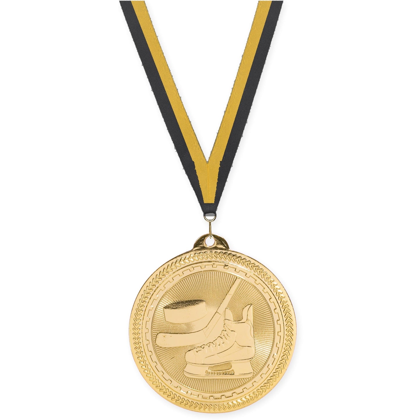 2 inch hockey Sunburst medal in bright gold with Black Gold neck ribbon