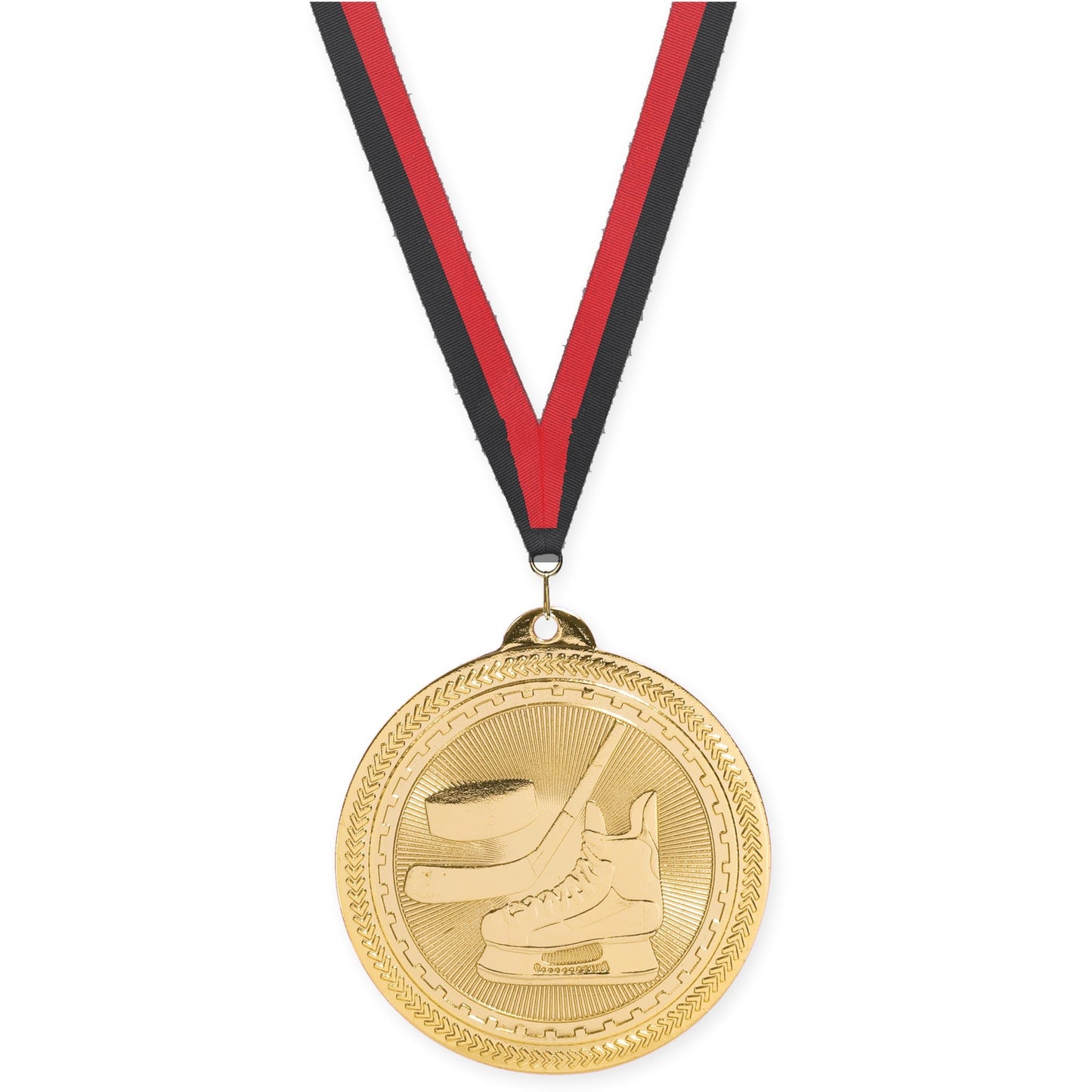 2 inch hockey Sunburst medal in bright gold with Black Red neck ribbon