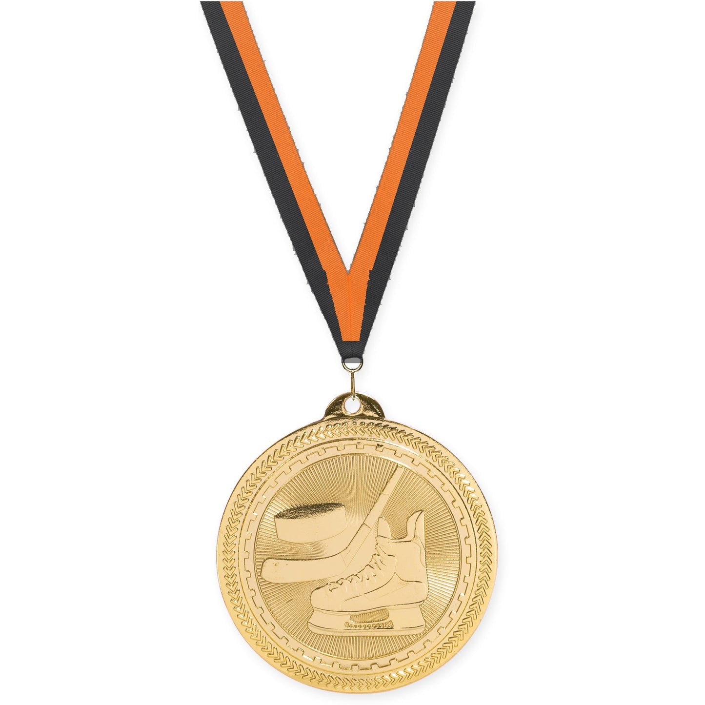 2 inch hockey Sunburst medal in bright gold with Black Orange neck ribbon